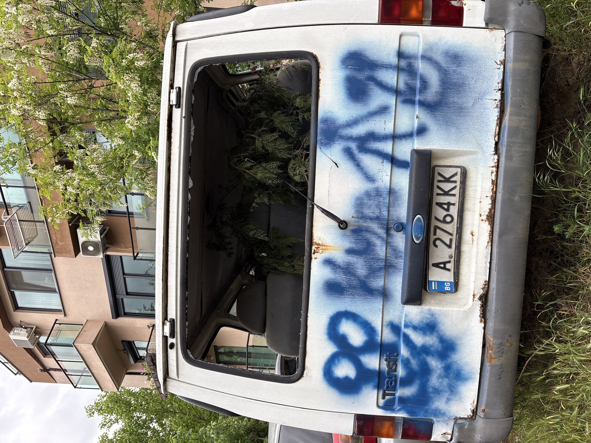 The image shows the rear of a white, damaged Ford Transit van. The van's rear window is broken out, and the interior is filled with branches, possibly evergreen. The van's body has blue spray paint graffiti on it, partially obscuring the "Transit" logo. A Bulgarian license plate reading "A 2764 KK" is visible, along with a Ford logo. The van appears rusted in places, particularly around the bumper. The van is parked on overgrown grass, and in the background is a multi-story building with light tan walls, dark-framed windows, and multiple balconies. Based on the license plate and architectural style, the location is likely in Sofia, Bulgaria. No people are visible in the image.