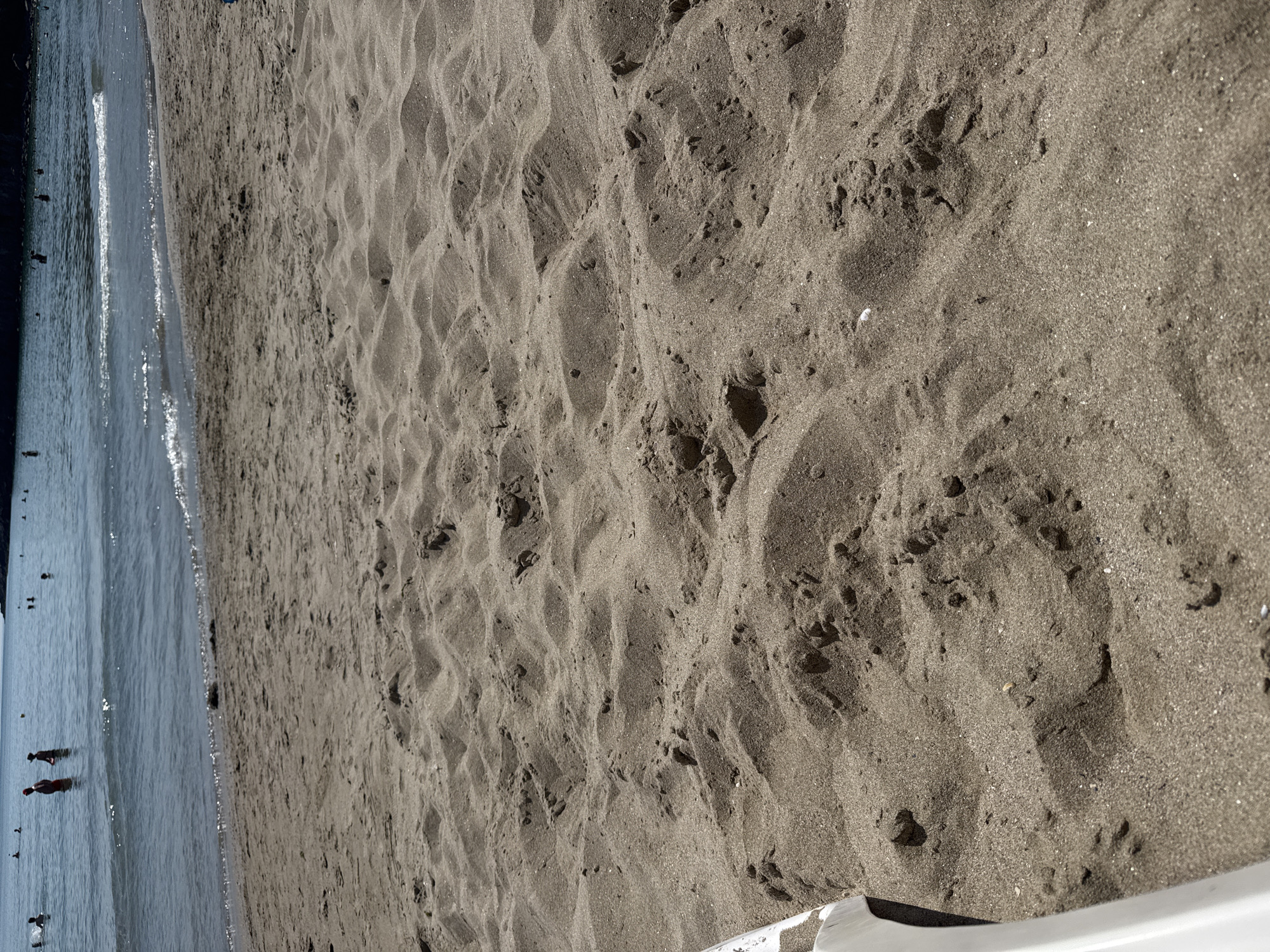 The image captures a close-up view of sand on a beach, with the sea and a few people visible in the background. The sand is textured and appears wet in some areas, with small ripples and dunes formed by the wind and water. The sea is calm, with gentle waves lapping at the shore. In the distance, several individuals are wading or swimming in the water. The scene is set on a sunny day. Based on the typical scenery and popular beaches of Sozopol, Bulgaria, this image likely depicts a location along the Black Sea coast within the city.