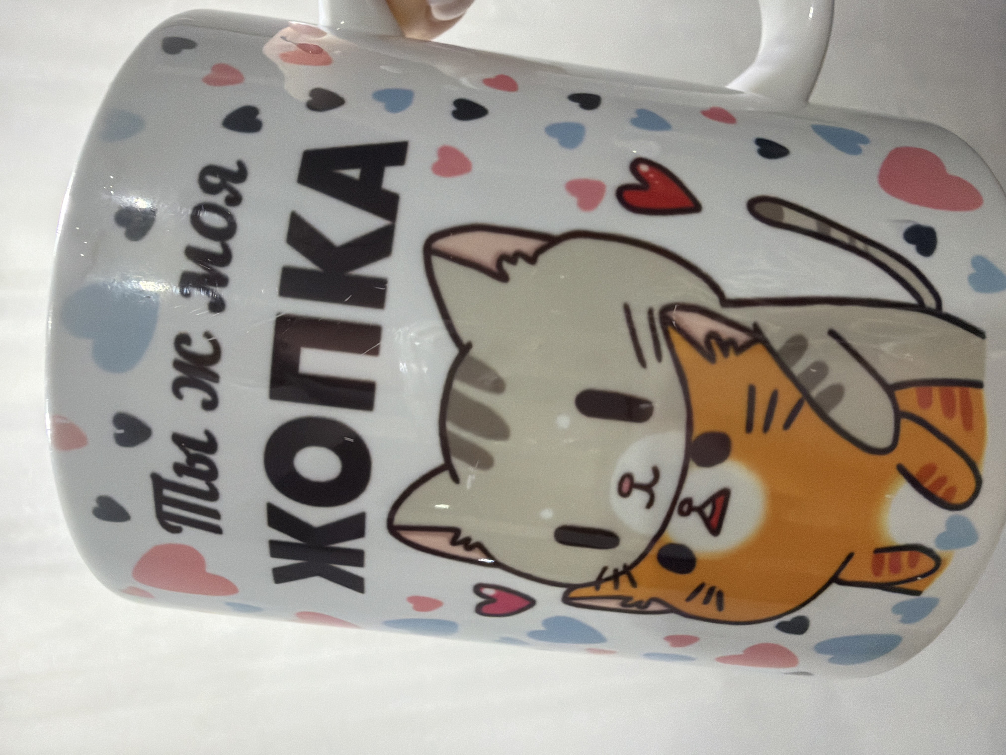 The image shows a white ceramic mug with a print featuring two cartoon cats cuddling. One cat is gray with brown stripes on its head, and the other is orange with darker orange stripes. The mug also has a text in black Russian Cyrillic letters that reads "Ты ж моя ЖОПКА" ("Ty zh moya ZHOPKA"). The background of the mug is decorated with various-sized hearts in shades of blue, pink, and black. The mug is being held by someone whose hand is partially visible. The background is a white surface. There is no information in the image that provides the location as Chaikovsky, Russia.