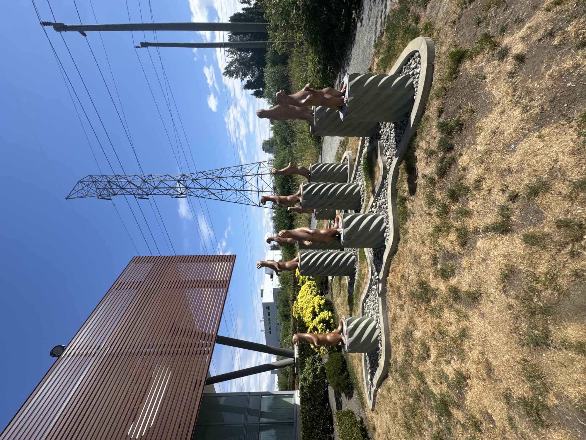 A group of seven bronze sculptures of meerkats stand upright on decorative concrete pedestals. The meerkats are arranged in a semi-circular formation on a landscaped area in front of a modern building with a slatted wooden facade. The ground around the sculptures is covered in dry grass and pebbles. In the background, a large electricity pylon and transmission lines dominate the sky, which is clear blue with a few scattered clouds. The building appears to be in an industrial or commercial area, likely with other similar structures visible in the distance. The scene is brightly lit by sunlight. The location is identified as the Science World at TELUS World of Science in Burnaby, Canada.