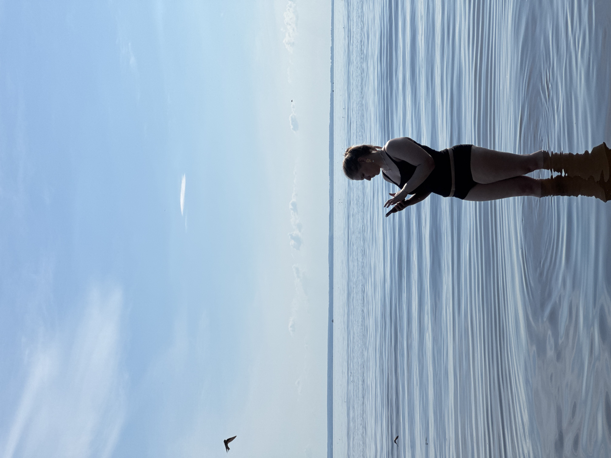 A silhouette of a woman in a black swimsuit stands in shallow water, looking at her phone. The woman is facing right, with her hands clasped around the phone as she looks down at the screen. She has her hair pulled back in a ponytail. The water around her is calm, with ripples spreading outwards from her legs. In the distance, a dark line of trees can be seen on the horizon, with a blue sky above. There are a few wispy clouds in the sky, and a bird is flying in the upper left corner of the image. The scene appears to be a natural body of water, possibly a lake or ocean, given the vastness of the water and the horizon line. The lighting suggests it is daytime, with the sun likely high in the sky.