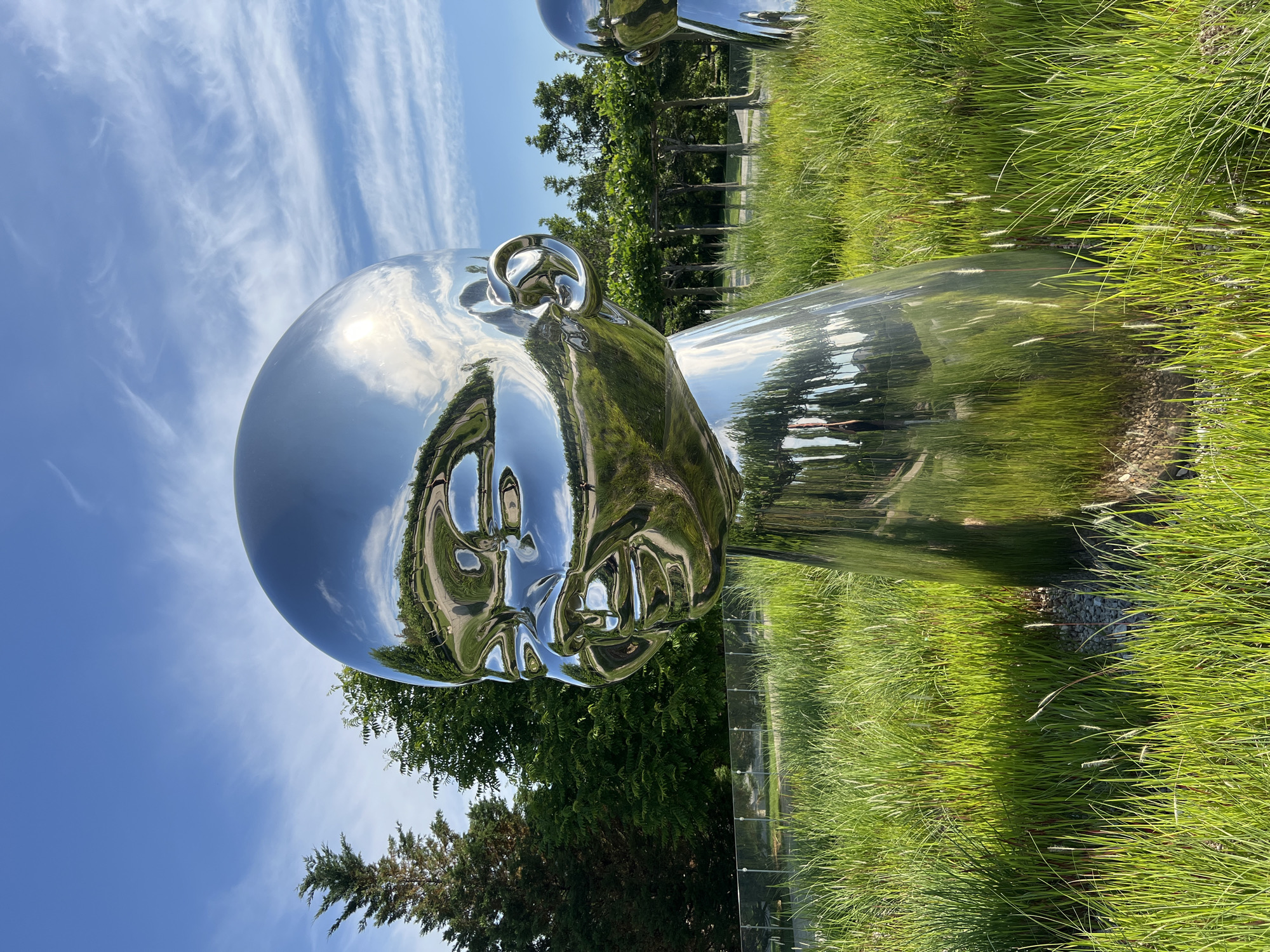 This media file features a close-up, low-angle shot of a large, highly polished metallic sculpture of a human head. The sculpture is positioned outdoors in a grassy area, with trees and a blue sky with wispy clouds visible in the reflections on its surface. The polished surface acts as a mirror, reflecting the surrounding environment, including the sky, trees, and possibly other sculptures or structures not fully in frame. The sculpture itself appears to be a contemporary art piece, possibly part of an outdoor exhibition. The lighting suggests it is daytime, with bright sunlight casting reflections. The scene is set in Krasnodar, Russia. No text is visible in the image.