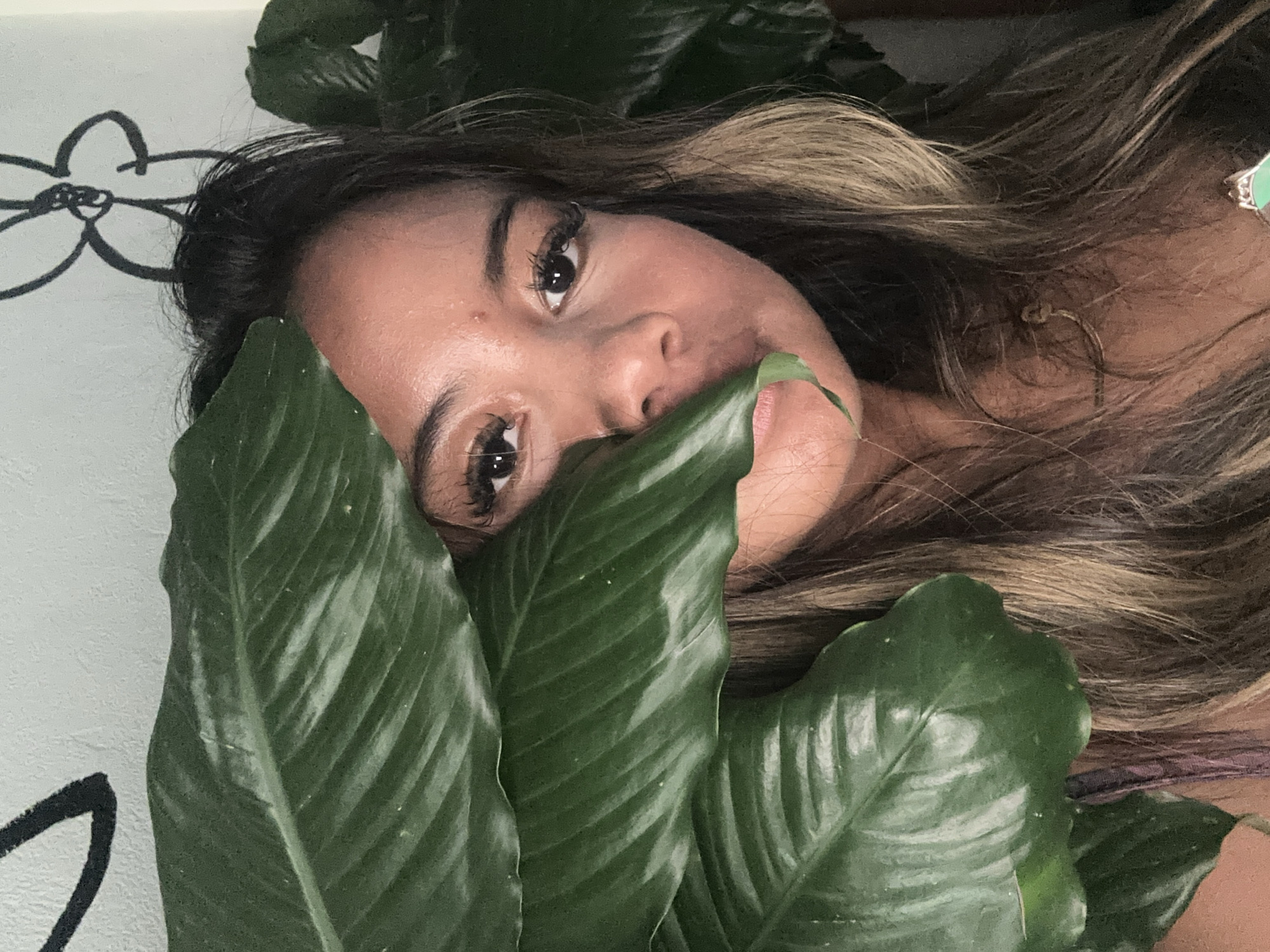 The image presents a close-up, horizontally oriented portrait of a young woman partially surrounded by large, vibrant green leaves. She looks directly into the camera with engaging dark eyes, prominent eyelashes, and a subtle smile. Her long, wavy hair, dark brown with blonde highlights, frames her face and spreads around her. A small golden hoop earring is visible on her right ear, and a second earring featuring a light green, possibly jade or emerald-like stone, can be seen on her left ear.
The large, tropical-looking leaves, characterized by their deep green hue and distinct venation, partially obscure her lower face and body, creating a natural, serene, and slightly playful aesthetic. In the background, a light-colored wall is visible, adorned with a simple black outline drawing of a five-petaled flower, resembling a plumeria.
The soft, diffused lighting suggests a gentle daytime ambiance. The combination of lush foliage and the tropical flower drawing strongly indicates a warm, natural environment, consistent with the specified context of the Ubud District, Indonesia. No visible text is present in the image.