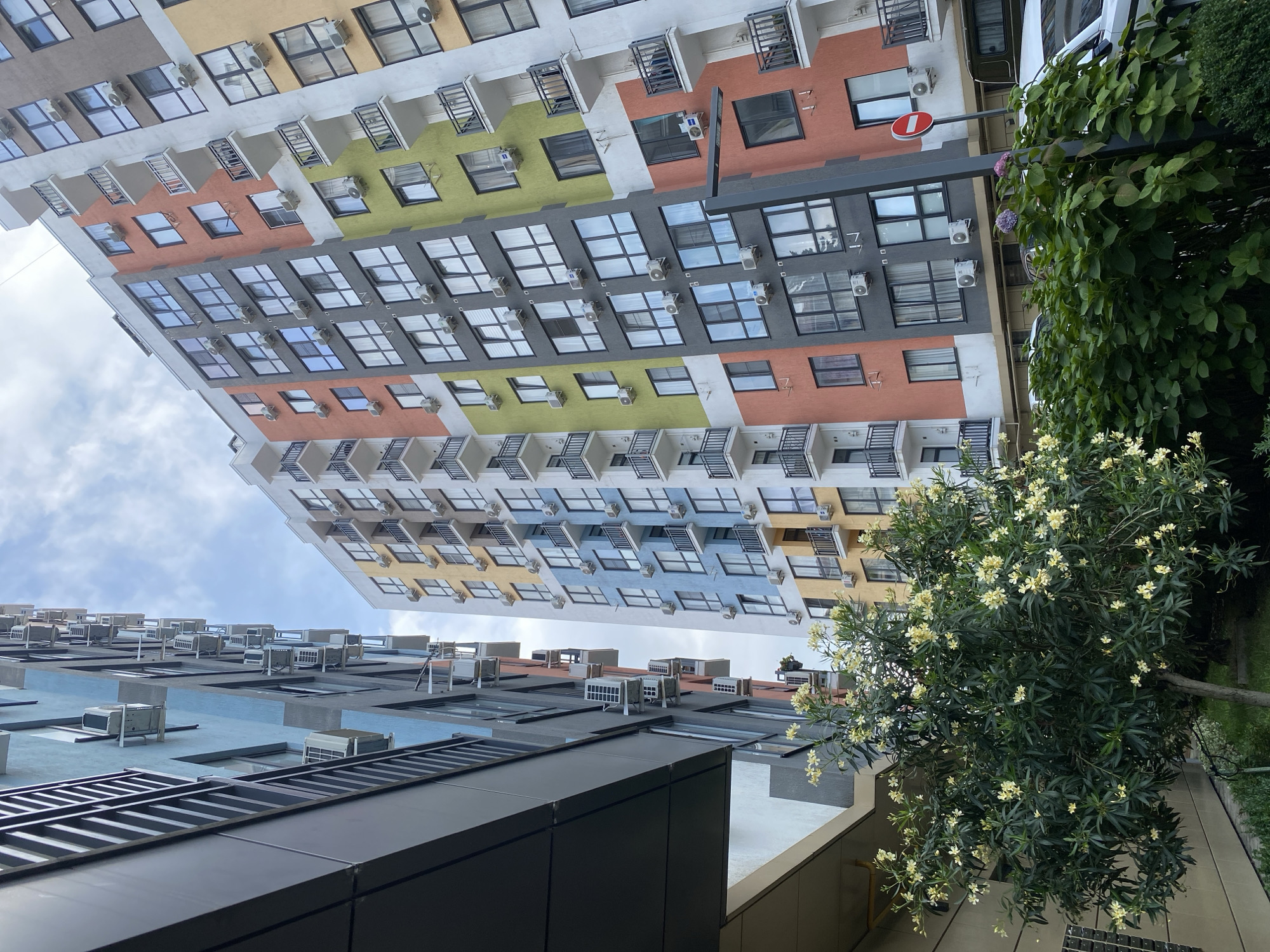 The image depicts the exterior of a modern residential building with a brightly colored facade, featuring sections painted in yellow, orange, green, gray, and white. Numerous windows and balconies adorn the building, with many air conditioning units mounted on the exterior walls. In the foreground, a flowering tree with small yellow blossoms and dense green foliage is visible. Adjacent to the tree, a large bush with green leaves and some hydrangeas in bloom is present. A street lamp extends from the right side of the frame, and a red and white circular traffic sign is mounted on a pole. Cars are parked in the background. The sky above is partly cloudy. The context provided suggests this scene is located in the city of Sochi, Russia.