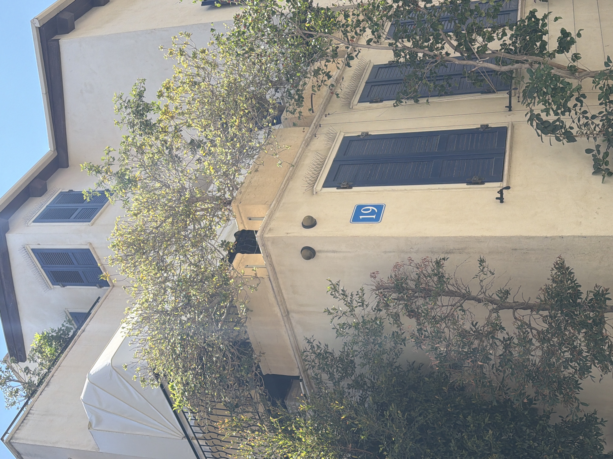 The image depicts a corner of a pale yellow stucco building, likely in Tel Aviv, Israel, characterized by traditional architecture. The building features dark blue shutters on its windows, a common design element in Mediterranean cities. One window prominently displays a blue sign with the number "19" in white, indicating an address or unit number. Lush green trees and foliage are visible in the foreground and growing on the upper levels of the building, suggesting a vibrant, perhaps Mediterranean, climate. The overall scene evokes a sense of calm and residential life.