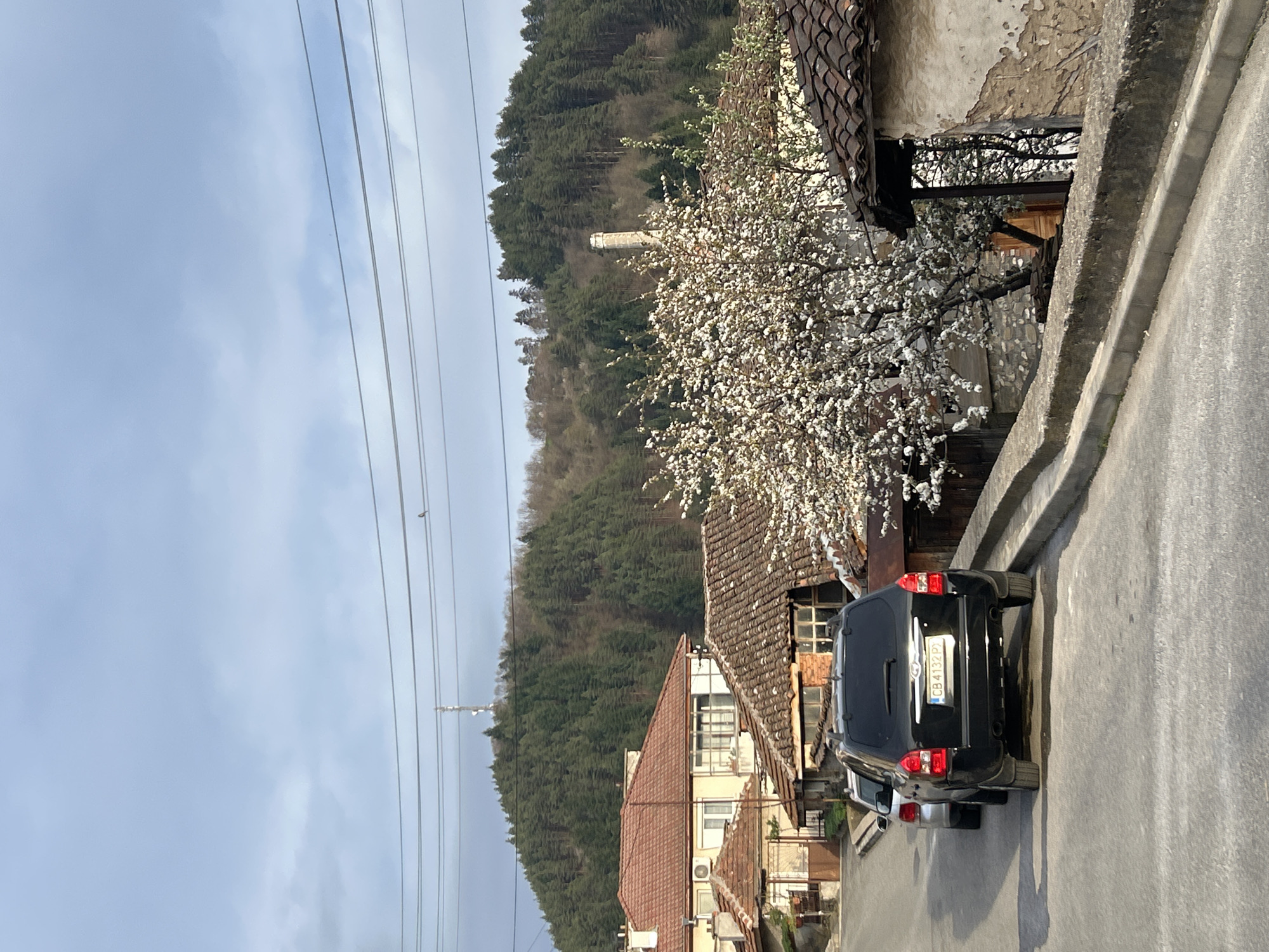The image depicts a street scene in Zlatograd, Bulgaria. A black SUV is parked on the right side of the road, facing uphill. The vehicle's license plate is visible. The road is asphalt and has a concrete barrier along the right edge. To the right of the barrier, there is a house with a tiled roof and a blooming tree in front of it. Behind the house, a forested hill rises, with a white tower visible on the hillside. Power lines run across the sky, and the sky is partly cloudy. Other houses with tiled roofs are visible along the street.