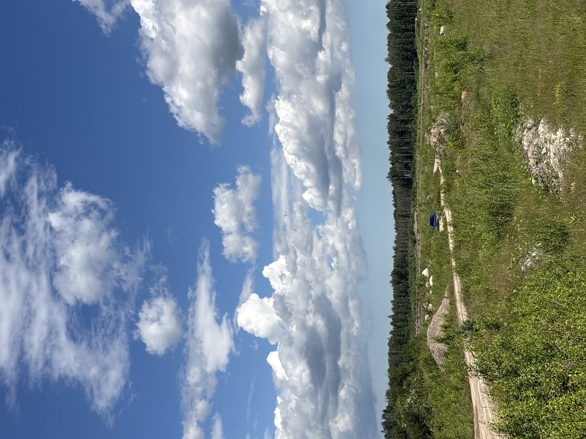 The image depicts a sunny day with a blue sky filled with fluffy white clouds. The landscape is rural, characterized by green vegetation, a dirt road, and a dense forest in the background. A small, dark-colored vehicle is visible on the dirt road. The scene suggests a natural or undeveloped area, possibly on the outskirts of a town.