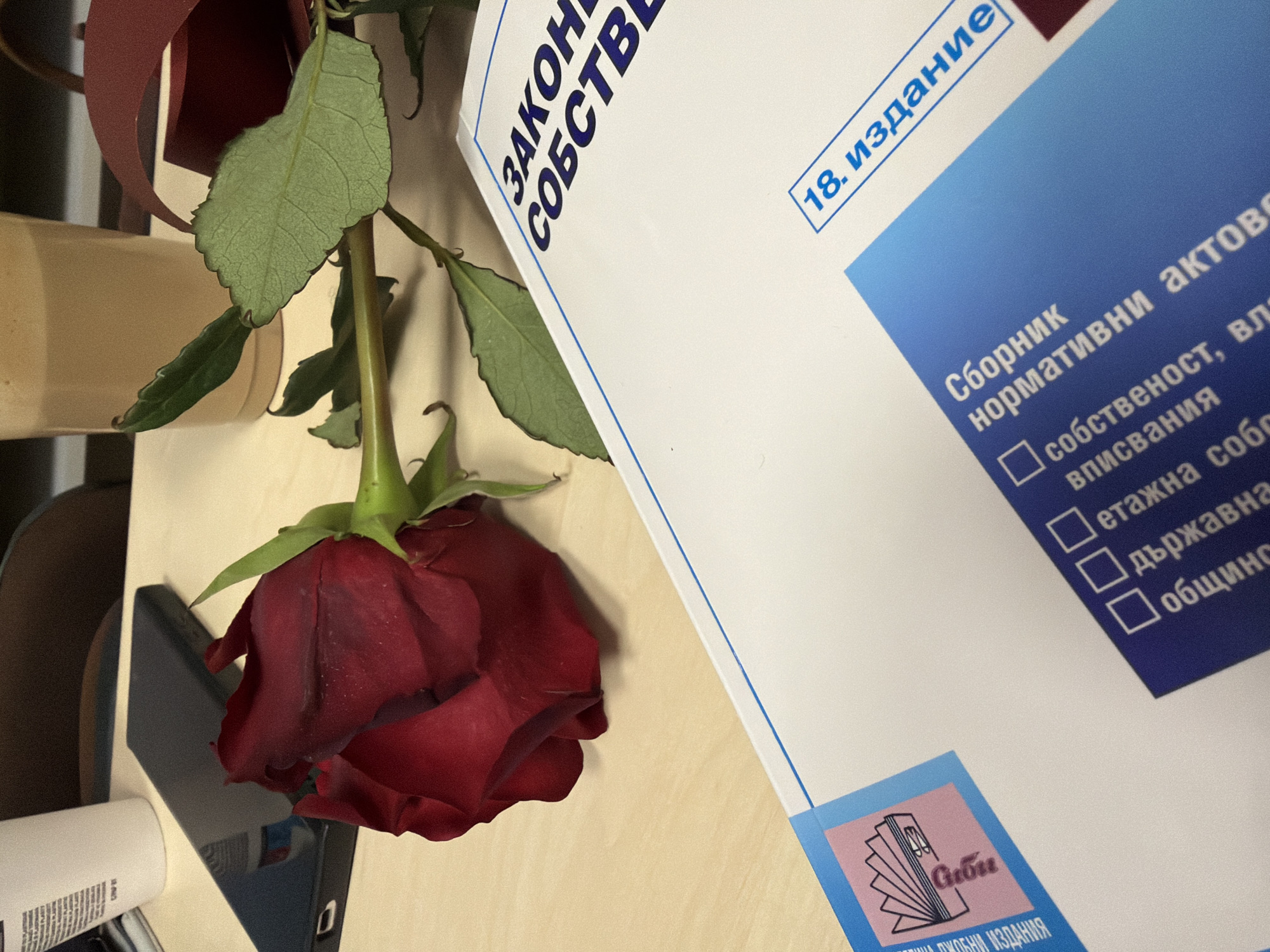 Here's a detailed description of the image:
**General Description:** The image shows a still-life composition of a red rose, a black electronic device, and a document in Bulgarian. The scene appears to be indoors on a light beige surface.
**Objects:**
* **Rose:** A red rose in full bloom is positioned prominently. Its stem and some green leaves are also visible.
* **Document:** A document or book with Bulgarian text is visible. The text includes phrases related to laws and ownership. The document has the title "ЗАКОН СОБСТВ." ("Law of Ownership"). A square blue logo in the bottom right is present, containing the letters "Сиби" ("Cibi") and text related to publications. The document is titled "18. издание" which translated is "18th Edition."
* **Electronic Device:** There is a flat, black electronic device, which could be a smartphone.
* **Other Items:** There is a white tube-shaped object, possibly a bottle or container, partially visible near the black device. Also, there are fragments of what appear to be brown and beige objects in the background.
**Text and Context:**
* The Bulgarian text on the document suggests a legal or regulatory context. The phrases include "собственост" (property/ownership), "нормативни актове" (normative acts), and additional legal terms.
**Environment:** The setting seems to be a desk or table, possibly in an office or a study.
**Location Hypothesis:** Based on the Cyrillic script and Bulgarian phrases, it is plausible this image was taken in Bulgaria. It is possible that the "Сиби" logo is a publishing house based in Plovdiv.