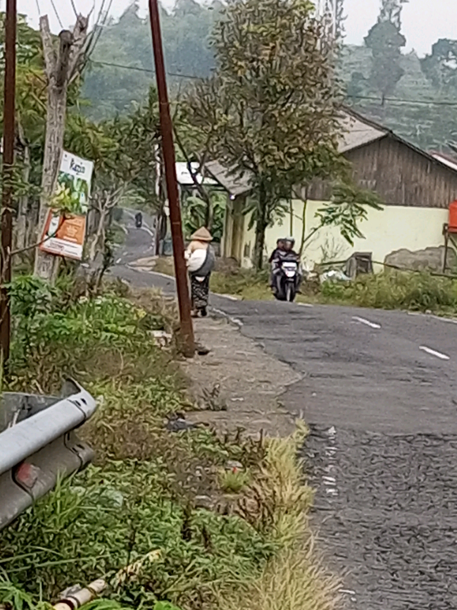 In Andongsili, Indonesia, a woman in traditional clothing, wearing a conical hat and carrying a basket, stands on the side of a road. She is near a utility pole and a signpost. A motorcycle with two occupants rides along the asphalt road. The background shows a building with a wooden facade and a tiled roof, surrounded by trees and vegetation. The weather appears overcast, with a misty, mountainous landscape in the distance.