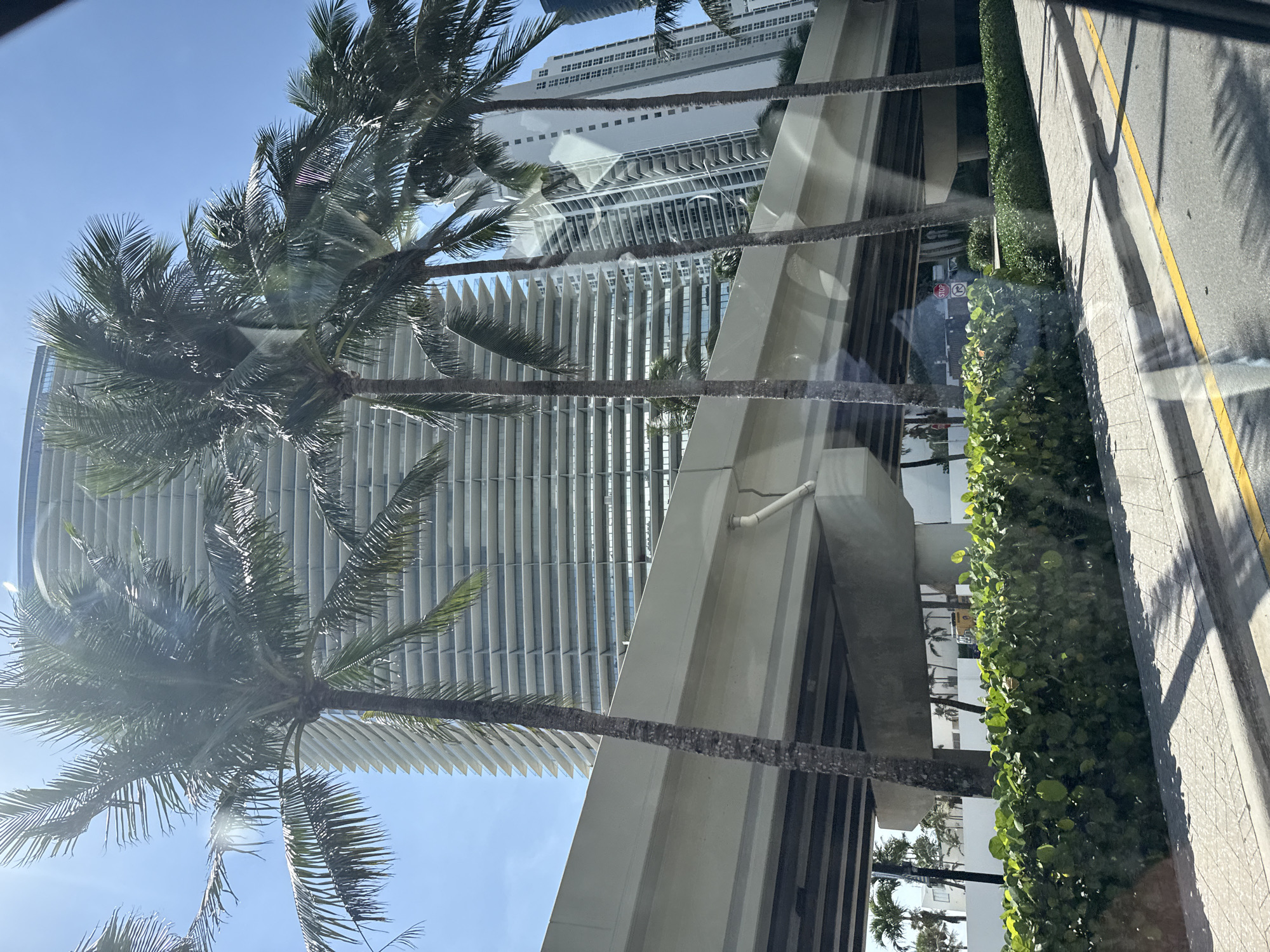 The image shows a sunny outdoor scene in Sunny Isles Beach, United States of America. In the foreground, a low, green hedge runs along a sidewalk, which is paved with light-colored tiles and bordered by a curb. A yellow line is visible on the road. Overhead, a concrete overpass supported by columns runs across the frame. Behind the overpass, several tall palm trees with lush green fronds stand in front of a modern, white high-rise building with many horizontal balconies. The building has a distinctive stepped or layered architectural design. The sky is clear and blue. The sun is shining brightly, casting shadows and creating lens flare in some areas of the image. There are no people visible in the frame.