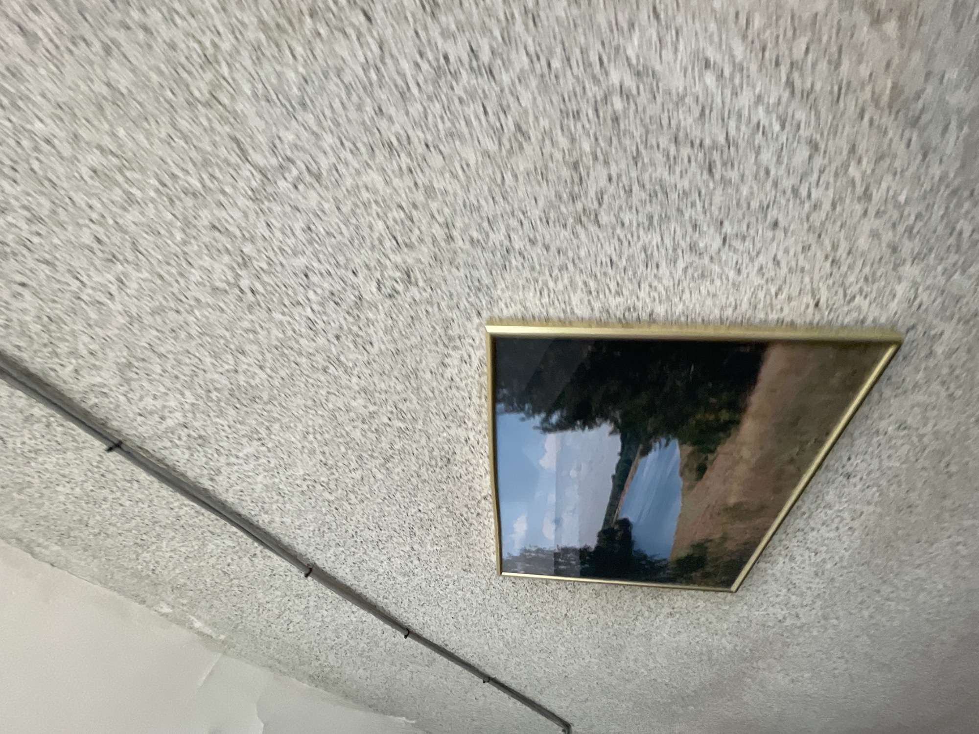 A framed landscape picture of a body of water surrounded by trees and a grassy shore hangs on a textured, grey wall. A black electrical cable runs diagonally across the wall above the picture, secured by small fasteners. The scene appears to be indoors, possibly in a common area or hallway within the city of Krasnye Baki, Russia.