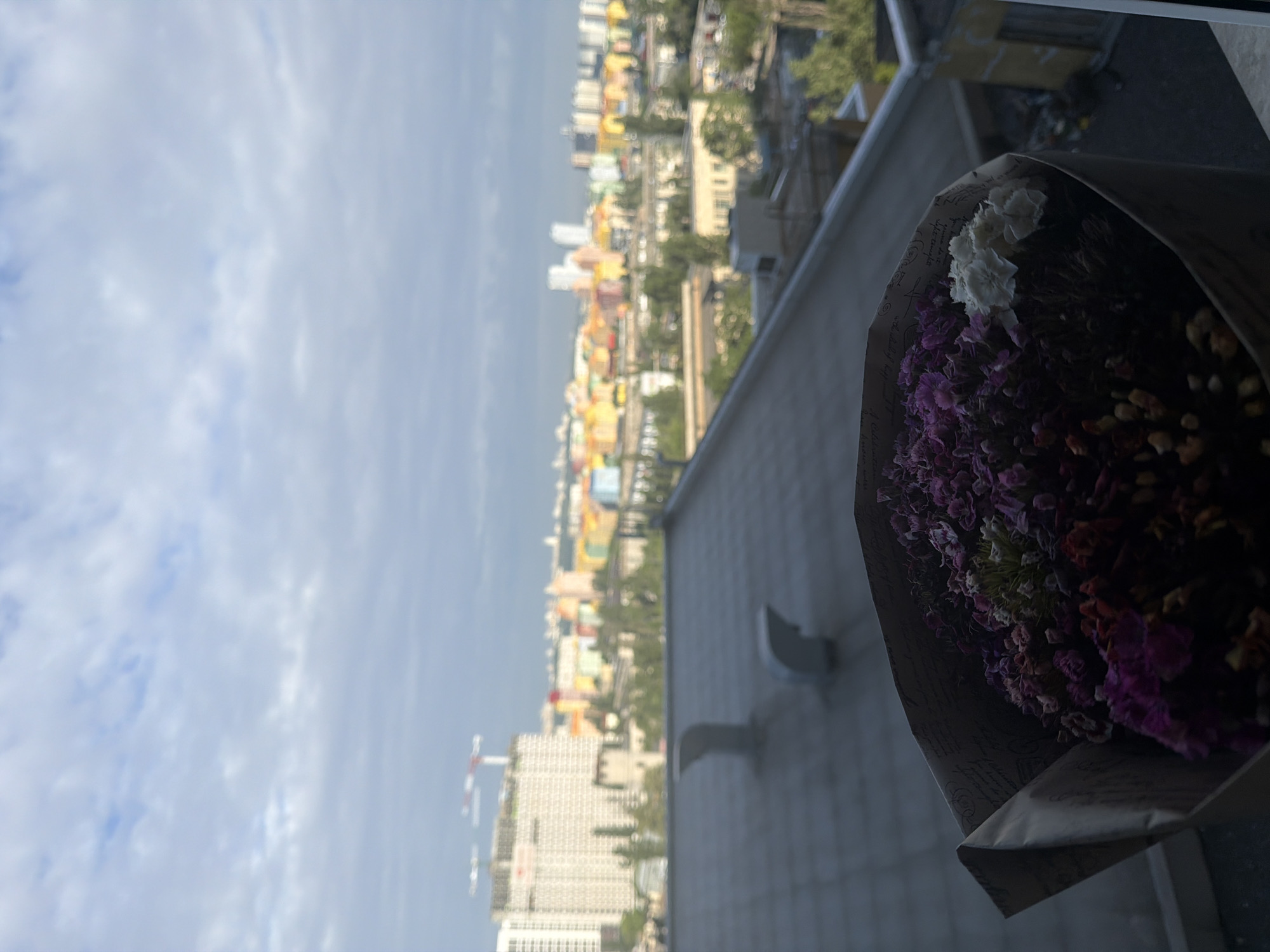A close-up shot of a bouquet of dried flowers is positioned in the foreground, with the bouquet wrapped in paper. In the background, a blurred cityscape unfolds under a cloudy sky. The cityscape features various buildings, including a tall, light-colored building with cranes nearby, suggesting ongoing construction. Other buildings are visible in a range of colors, including yellow, pink, and blue, creating a vibrant backdrop. The scene appears to be a view from a window or balcony overlooking a residential area in Kyiv, Ukraine.