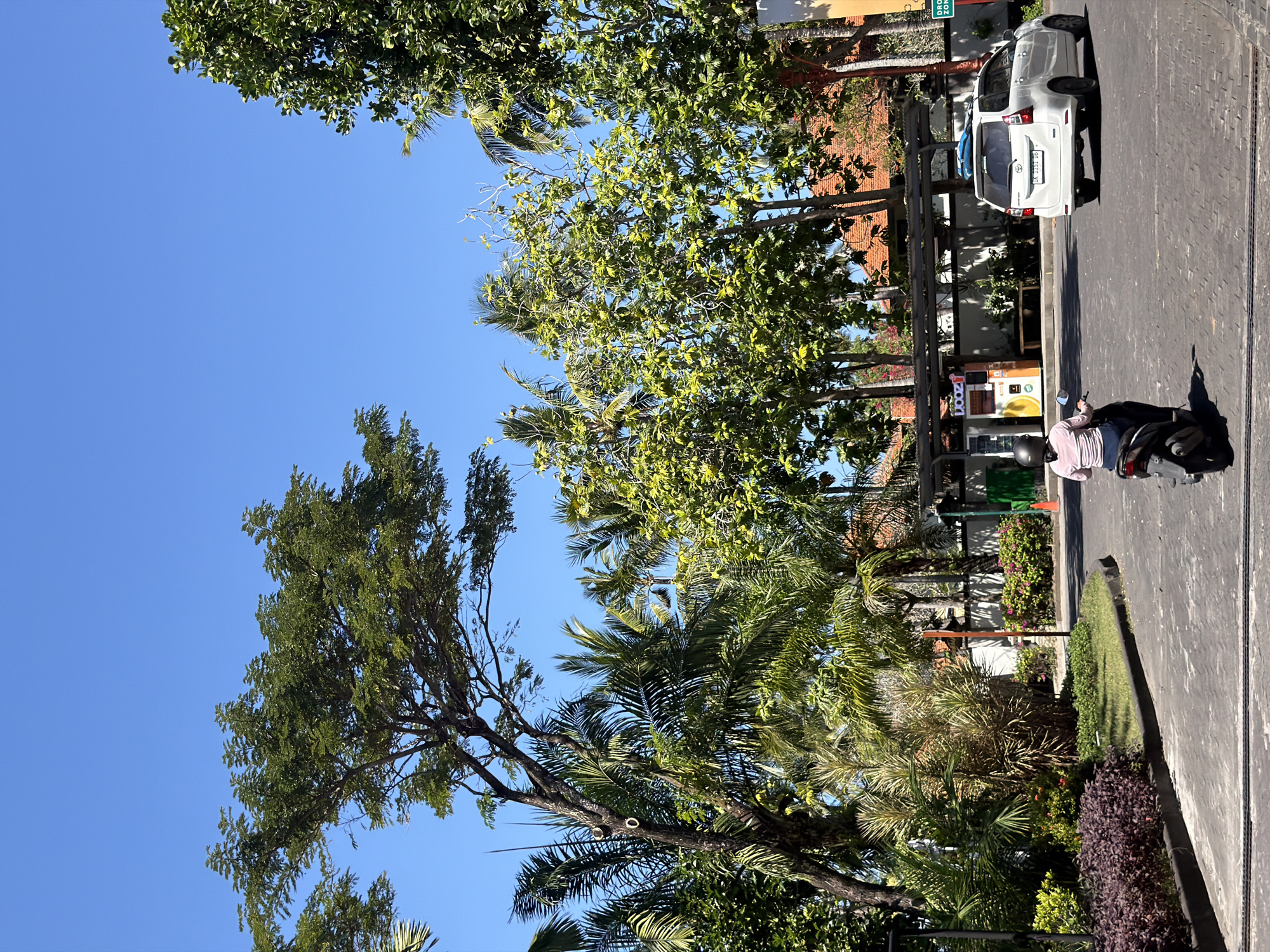 In Kuta Selatan, Indonesia, under a clear blue sky, a paved road with distinct parallel lines runs diagonally from the bottom left to the middle right. On the left side of the road, a variety of lush green foliage, including palm trees and bushes, borders a landscaped area. A person wearing a pink long-sleeved shirt and a helmet is riding a dark-colored scooter away from the viewer, towards the right side of the frame. To the right of the scooter, a white compact SUV is parked, facing to the right. The SUV has a surfboard strapped to its roof. Behind the parked car and scooter, there is a building with a red tiled roof, a covered seating area with benches, and what appears to be a vending machine. The background is filled with more tropical vegetation and trees.