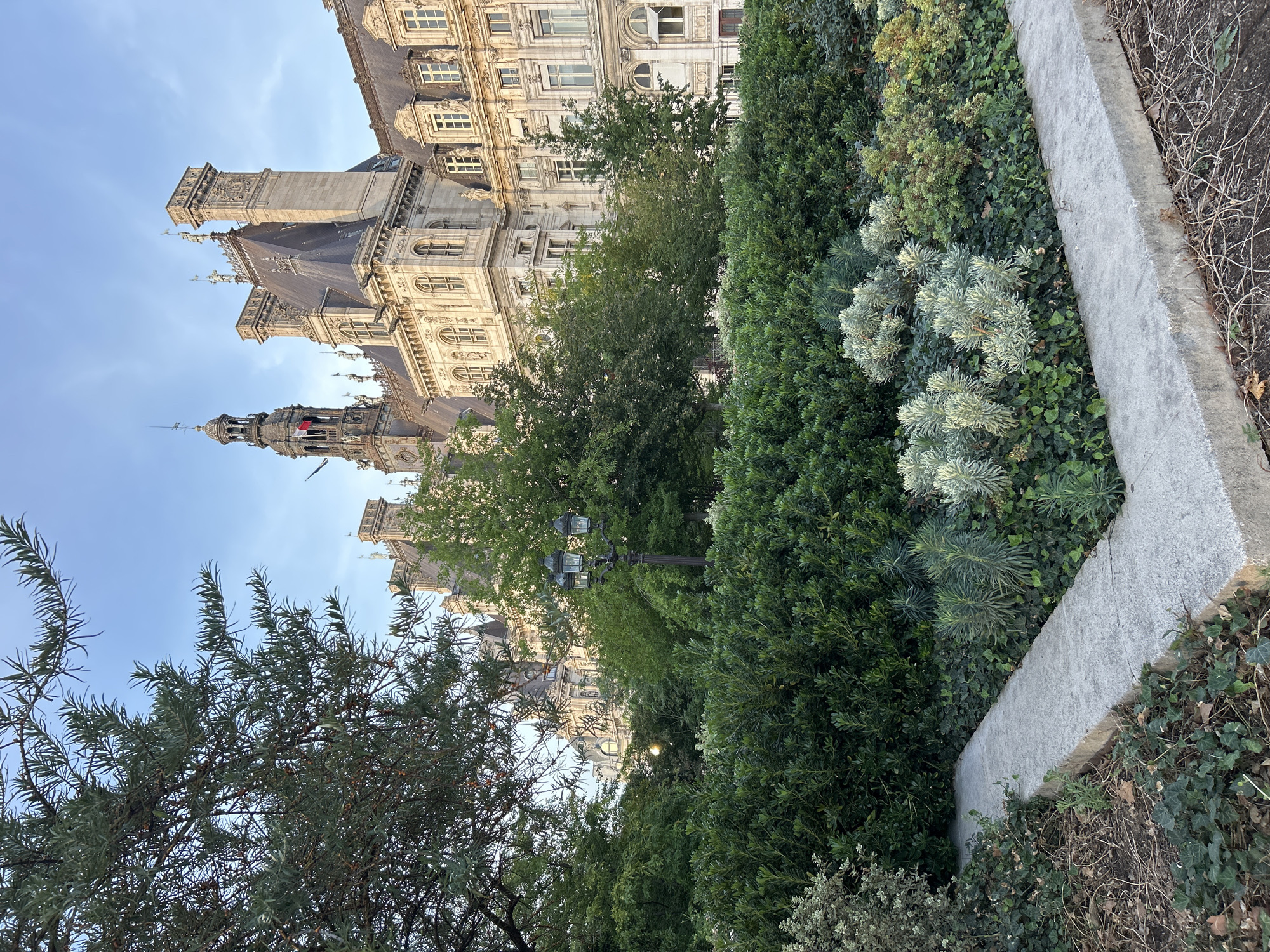 The image shows a view of the Hôtel de Ville in Paris, France, from a garden. The grand building, with its ornate architecture and mansard roof, is visible behind a lush green hedge and various other plants. A stone pathway or border runs through the foreground of the garden, separating different areas of foliage. A lamppost with multiple lights stands among the trees, partially obscured by leaves. The sky above is clear and blue, suggesting it is daytime, possibly late afternoon or early evening given the lighting. The French flag is visible flying from a tower on the Hôtel de Ville.