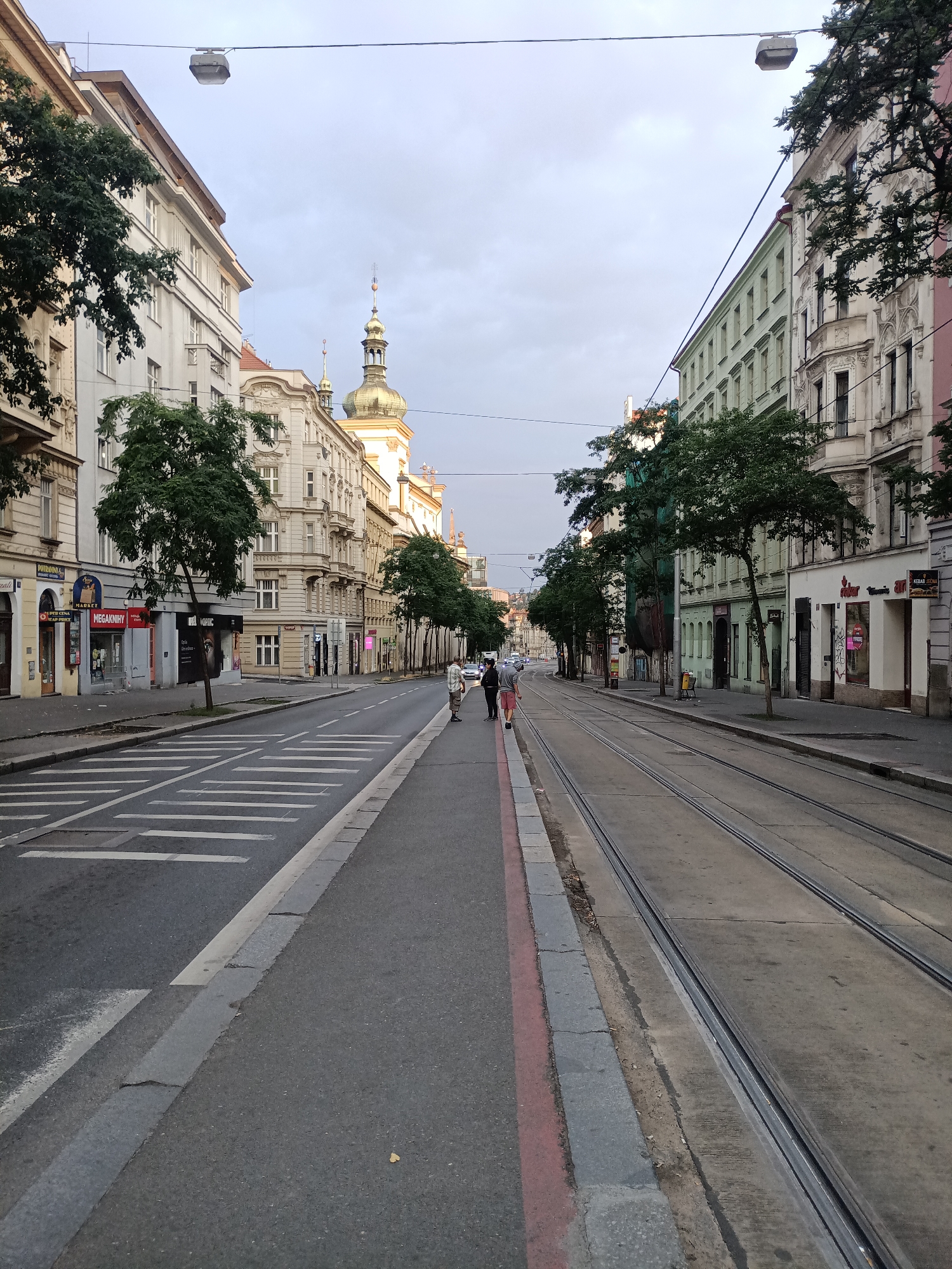 This is a street scene in Prague, Czechia, likely in the morning or late afternoon due to the soft lighting. The perspective is from a pedestrian walking down a street with tram tracks.
On the left side of the street, there is a wide sidewalk with a pedestrian crossing marked by white stripes. The sidewalk is bordered by a road with traffic lanes. Along the sidewalk are several multi-story buildings with shops and businesses on the ground floor. Some of the shop signs visible include "MEGAKNIHY", "PODOM", and "MARKET". Trees are planted along the sidewalk.
On the right side of the street, tram tracks are embedded in the pavement, running parallel to the sidewalk. A row of trees lines this side of the street as well, in front of more multi-story buildings. These buildings have a mix of architectural styles, with some featuring ornate facades.
There are a few people on the sidewalk. Two men are walking away from the camera on the left side, and a small group of people, possibly a family, is walking further down the street in the distance on the right side. In the far distance, traffic is visible.
The sky is overcast and a soft gray. Overhead, wires are strung across the street, likely for the tram system, and a street lamp or utility box is suspended from these wires. The overall impression is of a typical urban street scene in a European city.