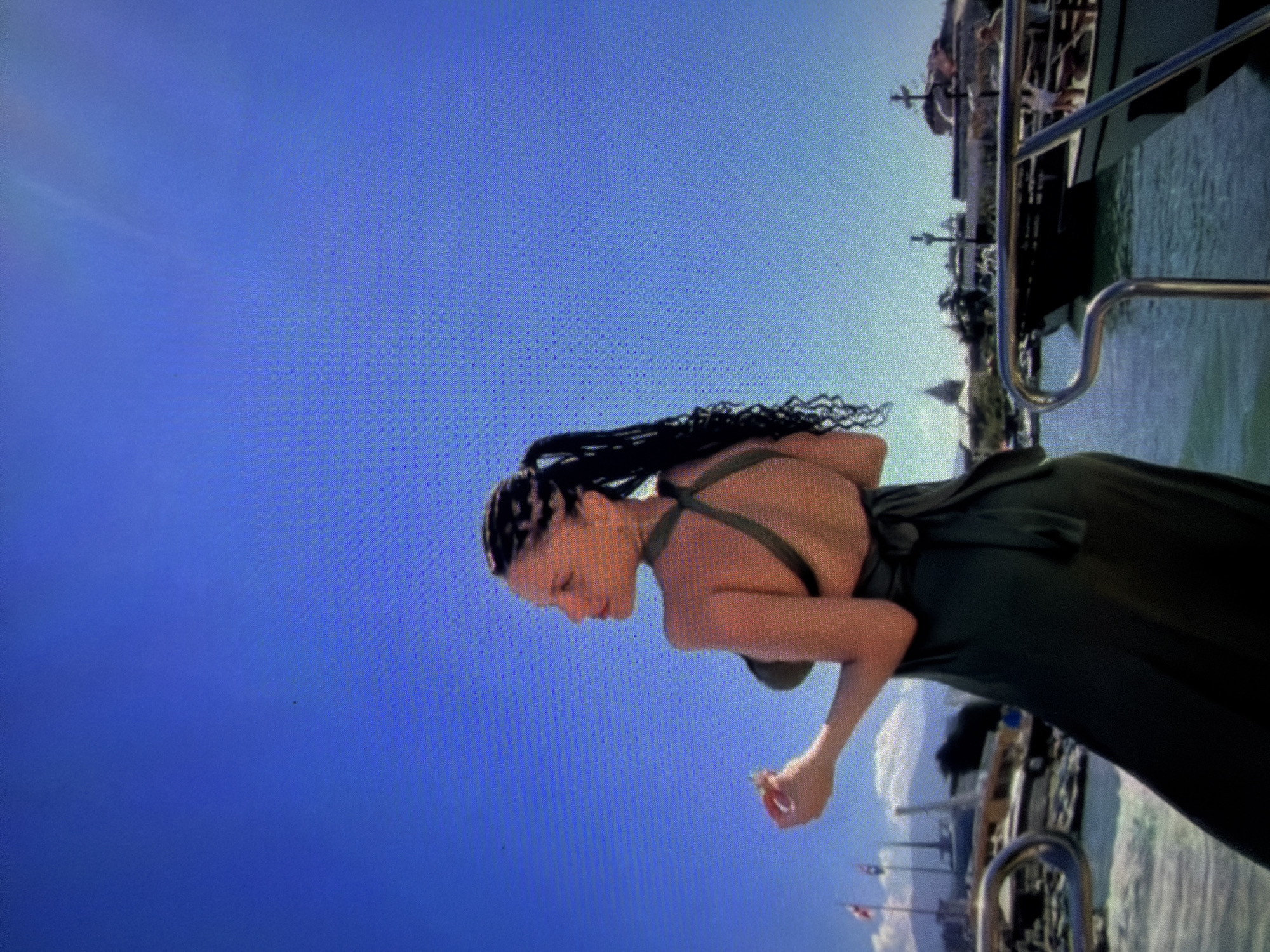 A woman with dark, braided hair, wearing a dark green dress with a backless design, stands on a boat. The background shows a blue sky above and a city skyline below, featuring buildings, flags, and a body of water. The location is the city of Unknown, Unknown.