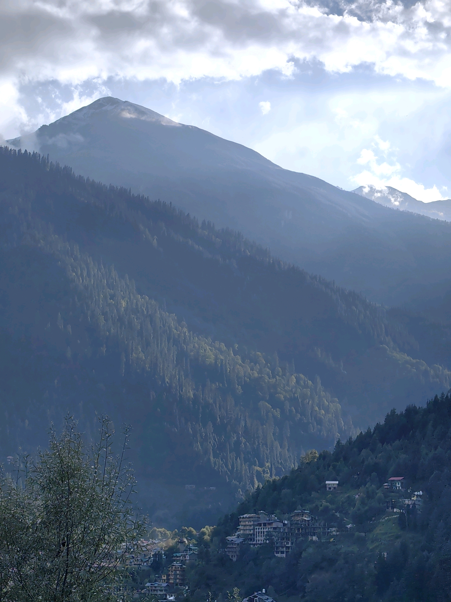 The image depicts a panoramic view of the mountainous terrain surrounding Vashisht, India, under a cloudy sky. The prominent feature is a large, mist-shrouded mountain peak in the background, with a lighter, snow-capped summit visible through the haze. The slopes of the mountains are densely covered with evergreen trees, creating a textured, dark green carpet that fades into a bluish haze with distance.
In the mid-ground, a small cluster of buildings forms a village nestled on the side of a hill. These structures are multi-story and appear to be a mix of hotels or guesthouses, with tiled roofs and balconies. They are scattered amongst the trees, with some roads or pathways visible connecting them. The architecture suggests a tourist or residential area.
In the foreground, a few trees with sparse foliage frame the lower left portion of the image, suggesting a natural vantage point. The overall lighting is soft and diffused, consistent with an overcast day, with some areas of sunlight breaking through the clouds and illuminating parts of the mountain slopes. The scene conveys a sense of natural beauty and a serene, mountainous environment. No people are visible in the image.