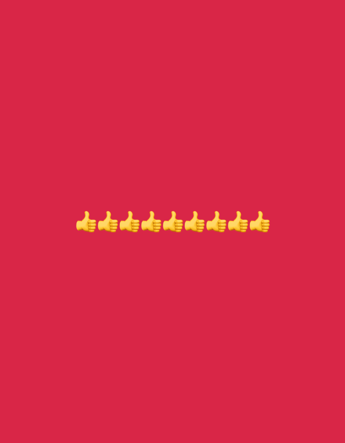 The image shows a plain, vibrant pink background with a horizontal row of eight yellow "thumbs up" emojis evenly spaced across the lower center of the frame. There are no people, city elements, or any recognizable location in Gorzow, Poland depicted in this image.