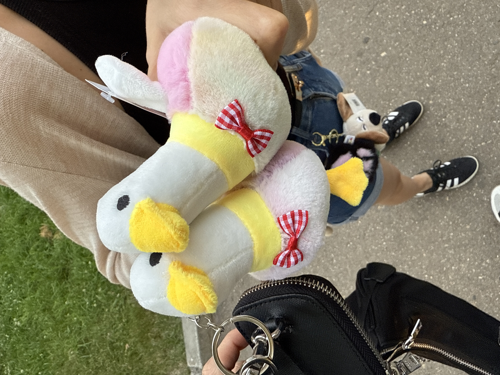 In this overhead, close-up shot, two people are seen from the waist down, standing on a paved surface next to a patch of green grass. The individual on the left is wearing tan trousers and a black top, while the individual on the right is wearing denim shorts over black tights and black Adidas sneakers. They are holding plush toys of what appear to be duck characters, each with white bodies, yellow beaks, and colorful striped heads in pink, yellow, and white. Each duck toy is also adorned with a small red and white checkered bow. The person on the right also has a small plush dog toy hanging from their belt loop. In the foreground, a black zippered purse with silver hardware is visible, attached to a keyring held by the person on the left. The scene suggests a casual outdoor setting, possibly a park or a street, during the daytime. There is no visible text in the image.