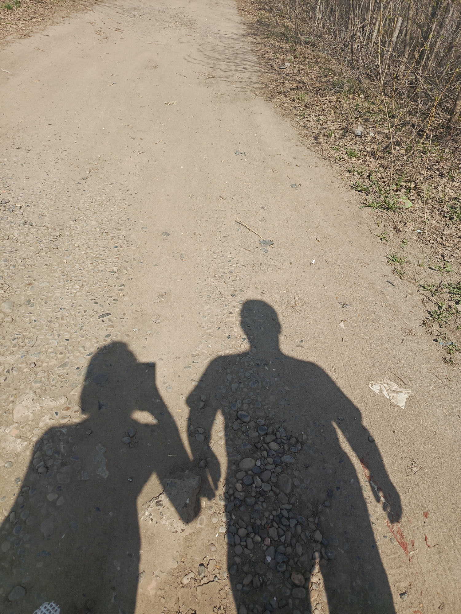 The image shows a dirt road with a shadow of two people holding hands. The person on the left appears to be holding a phone or camera. The ground is dirt and gravel. The right side of the road has some foliage and trash. There is a red stain on the ground near the right shadow. The location is inferred to be Chaikovsky, Russia, but no specific landmarks are visible in the image to confirm.