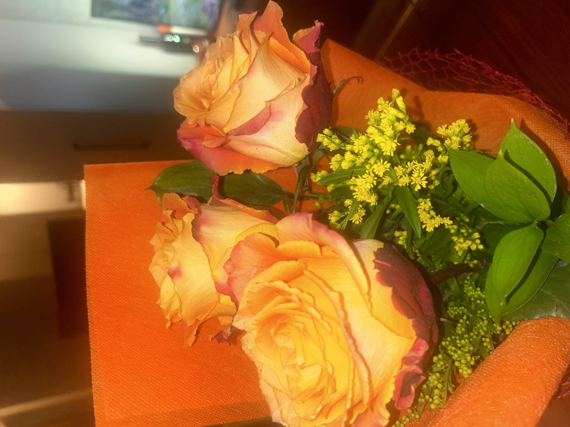 A close-up shot of a bouquet of orange and pink roses with yellow filler flowers and green leaves wrapped in orange fabric. The background is blurred, showing a glimpse of a television and furniture. The location is not identifiable as Sofia, Bulgaria based on the provided image.