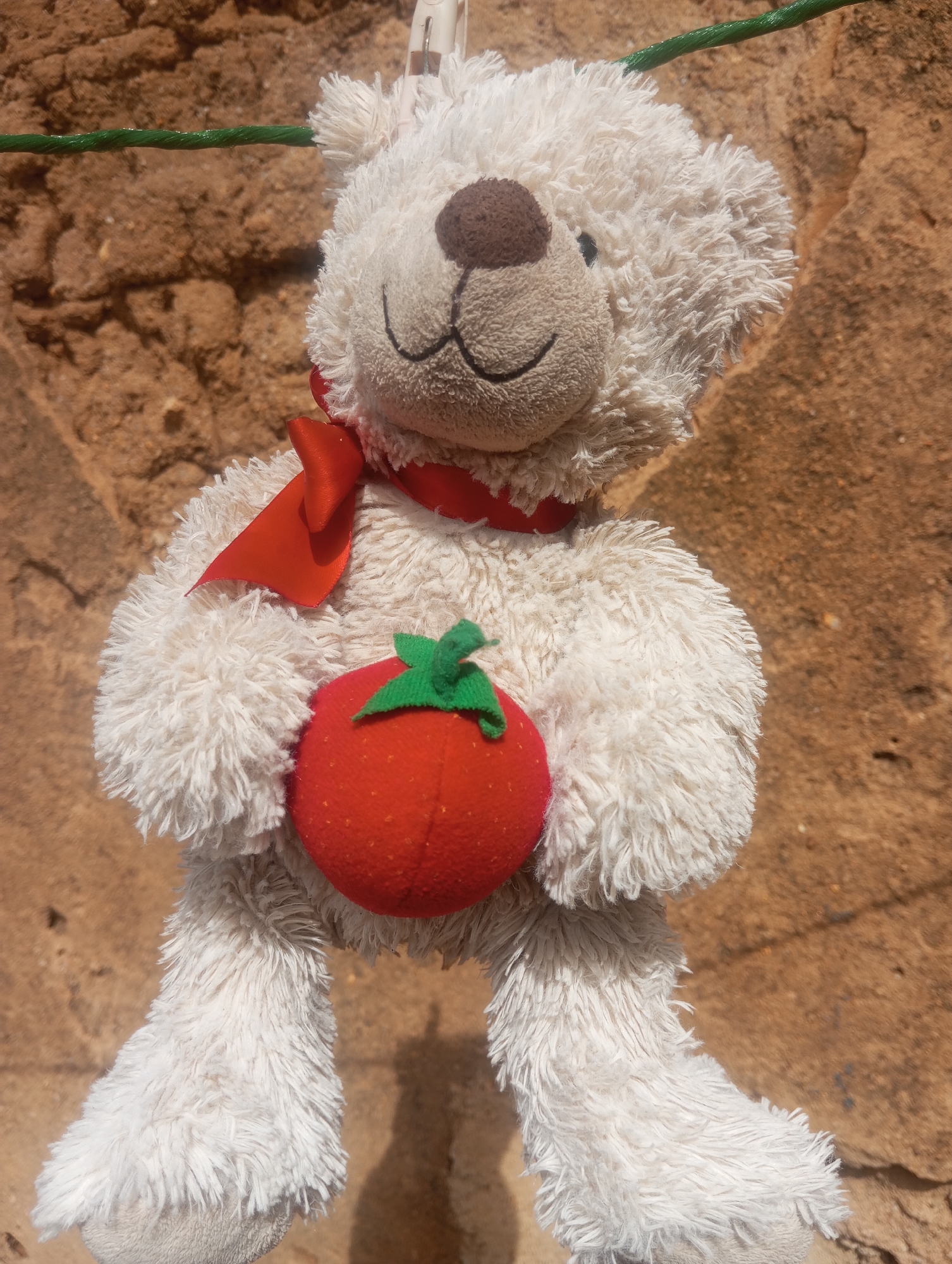 A white, fluffy teddy bear is suspended by a white clothespin from a green wire. The bear has a brown nose, a stitched smile, and wears a red ribbon around its neck. It is holding a red, round toy with green fabric leaves. The background is a textured, brown wall. The location in the city of Jos, Nigeria is unspecified.
