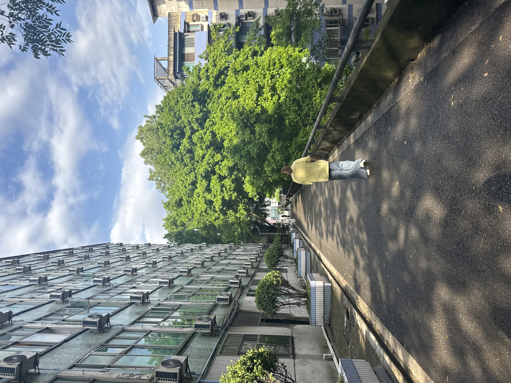 The image shows a street scene in Nan'an District, China. A person wearing a yellow shirt and blue jeans is walking on the sidewalk. A large building with numerous windows and air conditioning units dominates the left side of the frame. On the other side of the sidewalk is a large tree. The sky is visible with scattered clouds. A railing borders the sidewalk.