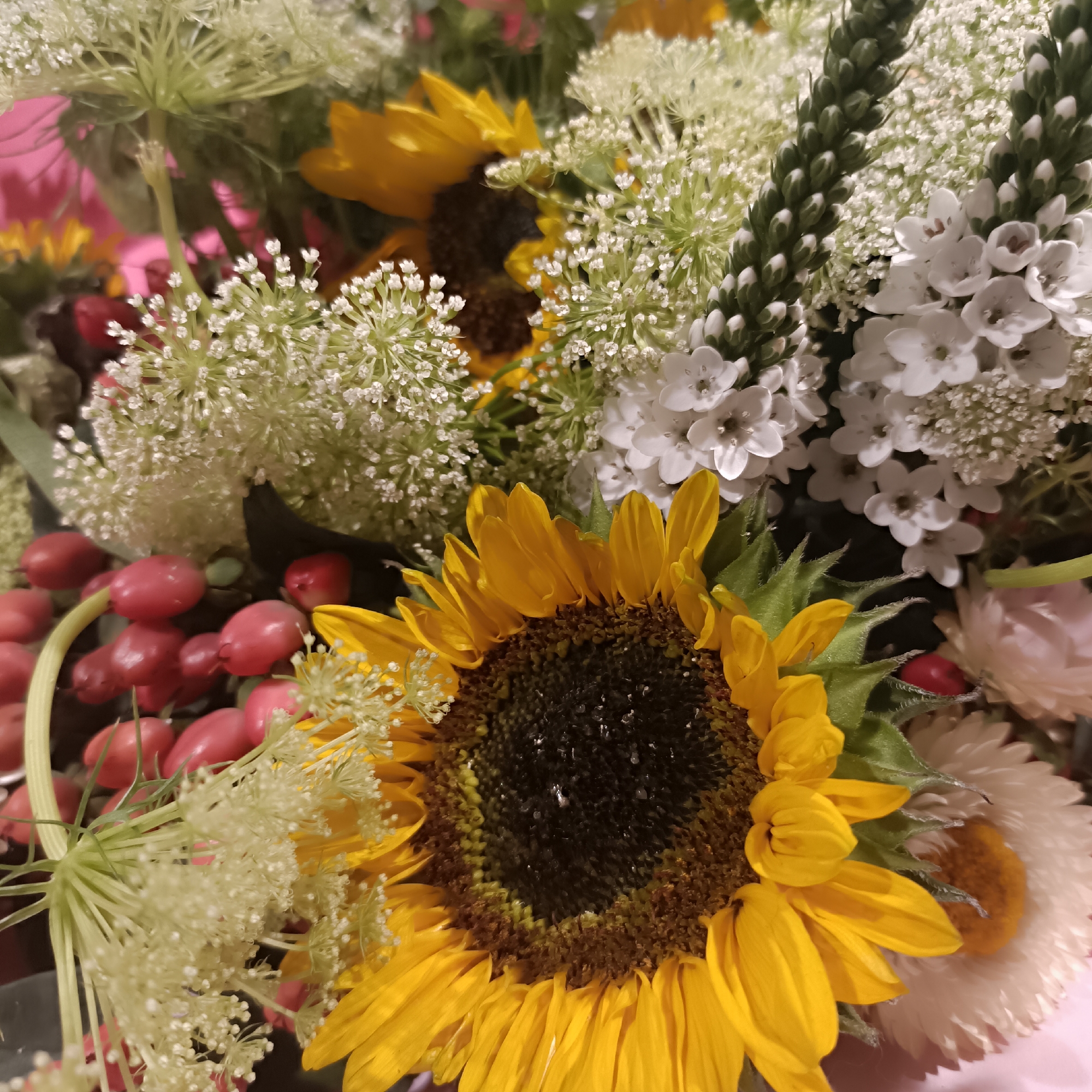 The image is a close-up, eye-level shot of a vibrant bouquet of flowers. The dominant flower is a large sunflower with bright yellow petals and a dark brown center, positioned prominently in the foreground. Surrounding the sunflower are clusters of small, delicate white flowers, possibly Queen Anne's Lace, and some green foliage. There are also small, bright red berries interspersed throughout the bouquet. In the background, hints of other flowers and foliage can be seen, including what appears to be a dried white flower with an orange center. The lighting suggests an indoor setting, possibly artificial light. There are no people or animals visible in the image, nor any indication of a specific location within Frankfurt, Germany. The scene is static and focuses solely on the arrangement of the flowers.