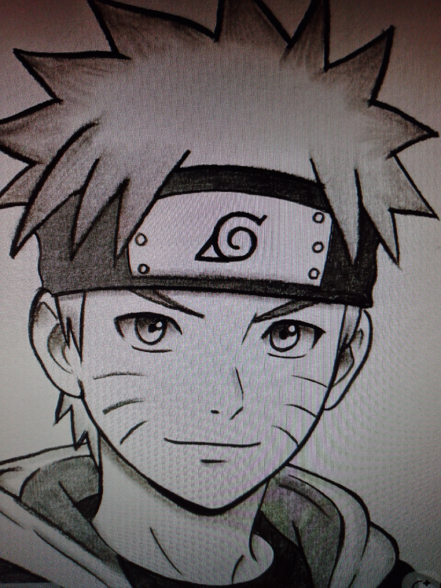 The image depicts a drawing of Naruto Uzumaki, a fictional character from the Naruto manga and anime series. He is shown from the chest up, facing forward. He has spiky blond hair and a headband with a spiral symbol on it. Three whisker-like marks are visible on each cheek. He wears a high-collared shirt, possibly under a jacket.
The drawing is in black and white. The background appears to be plain and undifferentiated. The location is unknown.