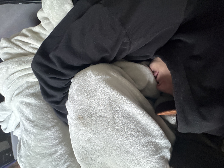 The image presents an indoor scene featuring a person partially obscured by various fabrics. There are no discernible features within the image to indicate a specific geographic location, such as the city of Paris, France.
A single individual is visible, with only the lower portion of their face—specifically, their chin, mouth, and a small part of their cheek—exposed. Their eyes, forehead, and nose are covered. The person's lips are slightly parted, revealing a portion of their tongue. They appear to be resting or sleeping.
The scene is predominantly composed of layered textiles. A substantial, plush, light-colored (likely white or light grey) blanket or duvet covers the individual's head and upper body, with a small, irregular light brown mark present on its surface towards the center-left. A darker, black fabric, consistent with a hoodie or sweatshirt, covers the lower right side of the frame and part of the person's body. Another section of similar plush, light-colored fabric occupies the upper portion of the image. A slender, rectangular object, reddish-brown in color, is partially visible nestled between the light-colored blanket and the person's head/neck area; its specific nature (e.g., book, phone) cannot be determined. The overall environment is an interior space, likely a bed or couch, illuminated by ambient light.
