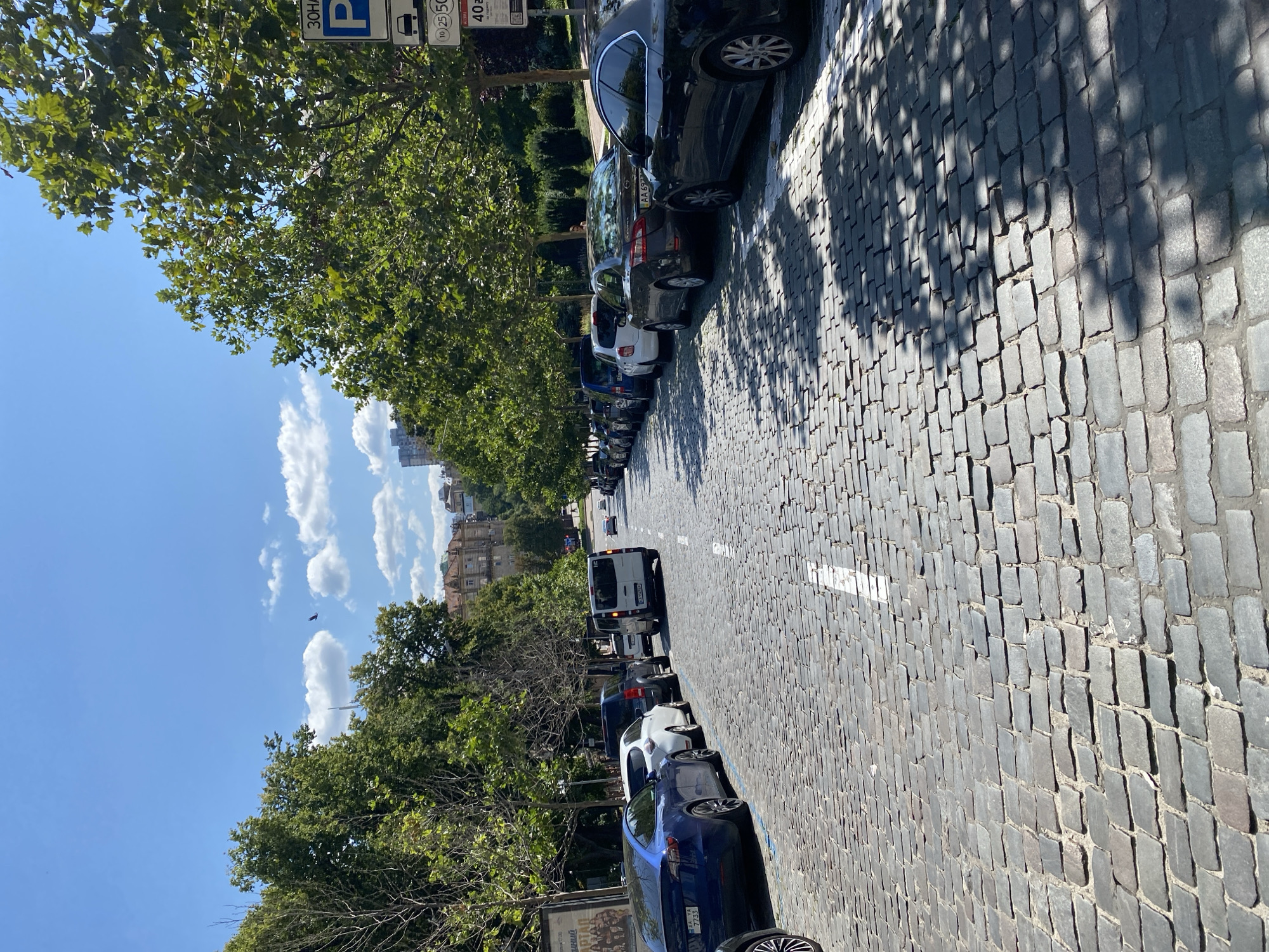 The image shows a cobblestone street lined with parked cars on both sides. Lush green trees with dense foliage overhang the street, casting dappled shadows on the ground. The sky is bright blue with scattered white clouds, and a few buildings are visible in the distance. There is a bird flying in the sky on the left side of the image. On the right side, there are street signs with parking information. The cars are of various models and colors. The scene appears to be in an urban setting on a sunny day.