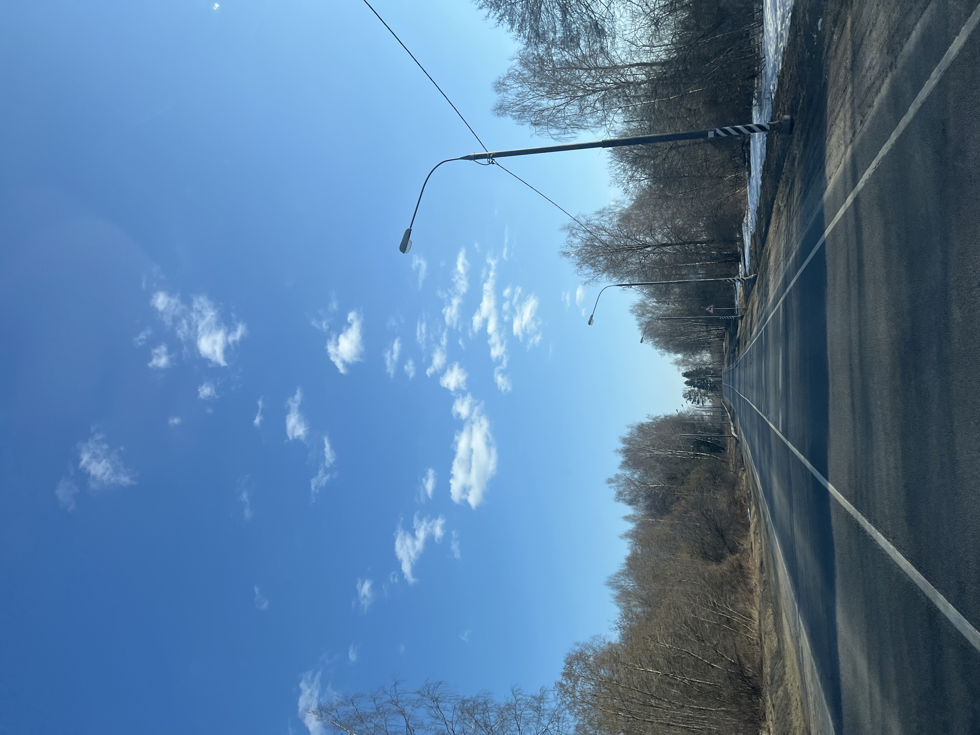 The image depicts a two-lane asphalt road in Mikhalevo, Russia, extending into the distance under a clear blue sky with scattered white cumulus clouds. The road features a solid white center line and a broken white shoulder line on the left. Both sides are flanked by dense, bare deciduous trees, with patches of melting snow visible on the right verge. Multiple gray streetlights with overhead luminaires and associated wiring run along the right side; some poles exhibit black and white striped markings at their bases. A triangular warning sign is observable on the left verge, further down the road. The scene is devoid of people and active vehicles.