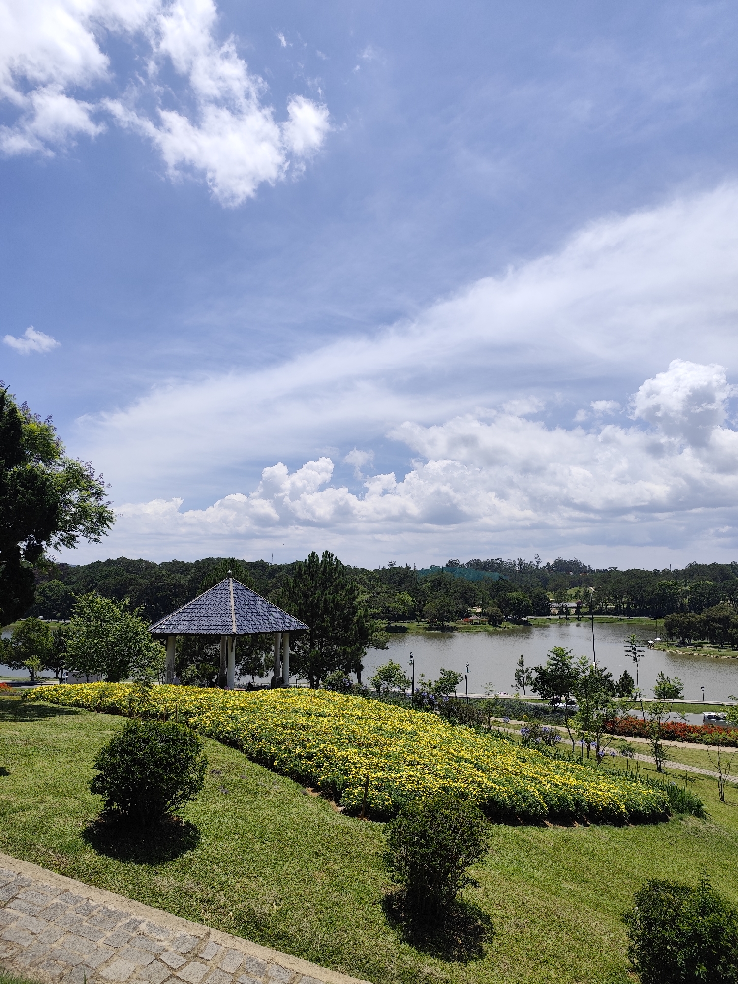 The image captures a scenic view of Xuan Huong Lake in Da Lat, Vietnam. A pavilion with a dark blue-tiled roof stands amidst a lush green lawn adorned with a vibrant bed of yellow flowers. The lake is surrounded by dense trees, and in the distance, one can discern structures near the shoreline. The sky is predominantly blue, punctuated by fluffy white clouds, suggesting a fair weather day. The foreground features paved stone, indicating a pathway or viewing area. No people are explicitly visible in the frame.