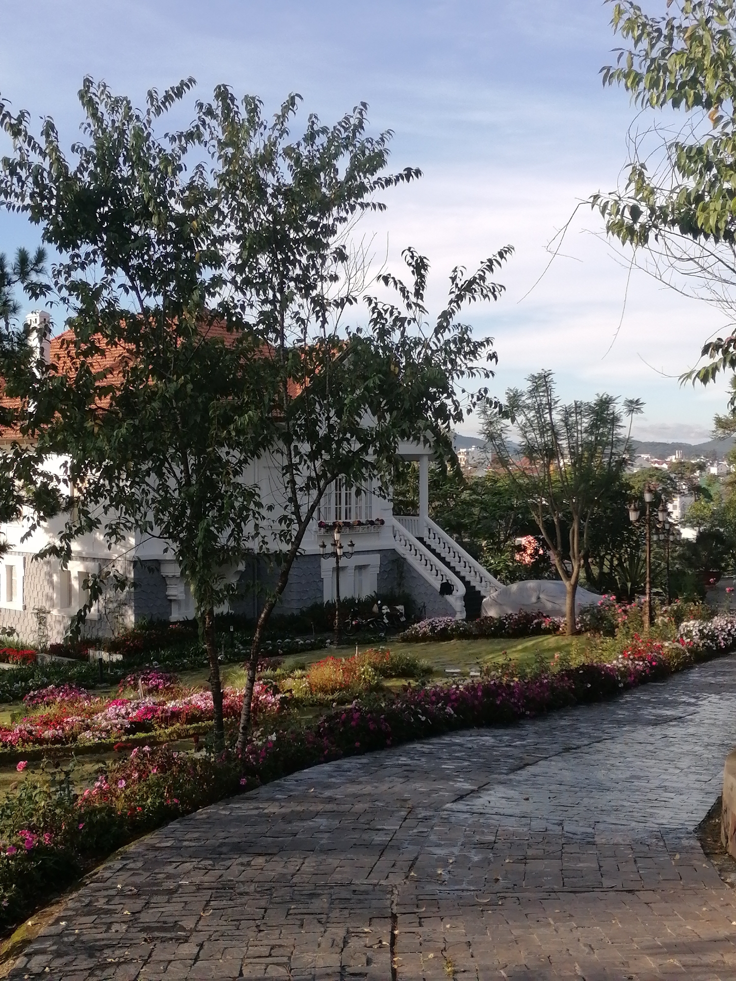 The image depicts a large white house with a red tile roof, situated on a sloped property adorned with a vibrant flower garden. A paved walkway curves through the foreground, leading towards the house. Trees with lush green foliage are interspersed throughout the scene, framing the house and garden. The background reveals a cityscape with buildings and hills under a hazy sky. The architectural style of the house, with its white facade and elegant staircase leading up to a porch, suggests it could be a villa or a historic building. The abundance of flowers and manicured landscaping points to a well-maintained property, possibly a tourist attraction or a private residence in a picturesque location within Da Lat, Vietnam, known for its French colonial architecture and natural beauty. There are no people visible in the image, and no specific actions or interactions are occurring. The scene is tranquil and appears to be captured during daylight hours, likely in the late afternoon given the shadows.