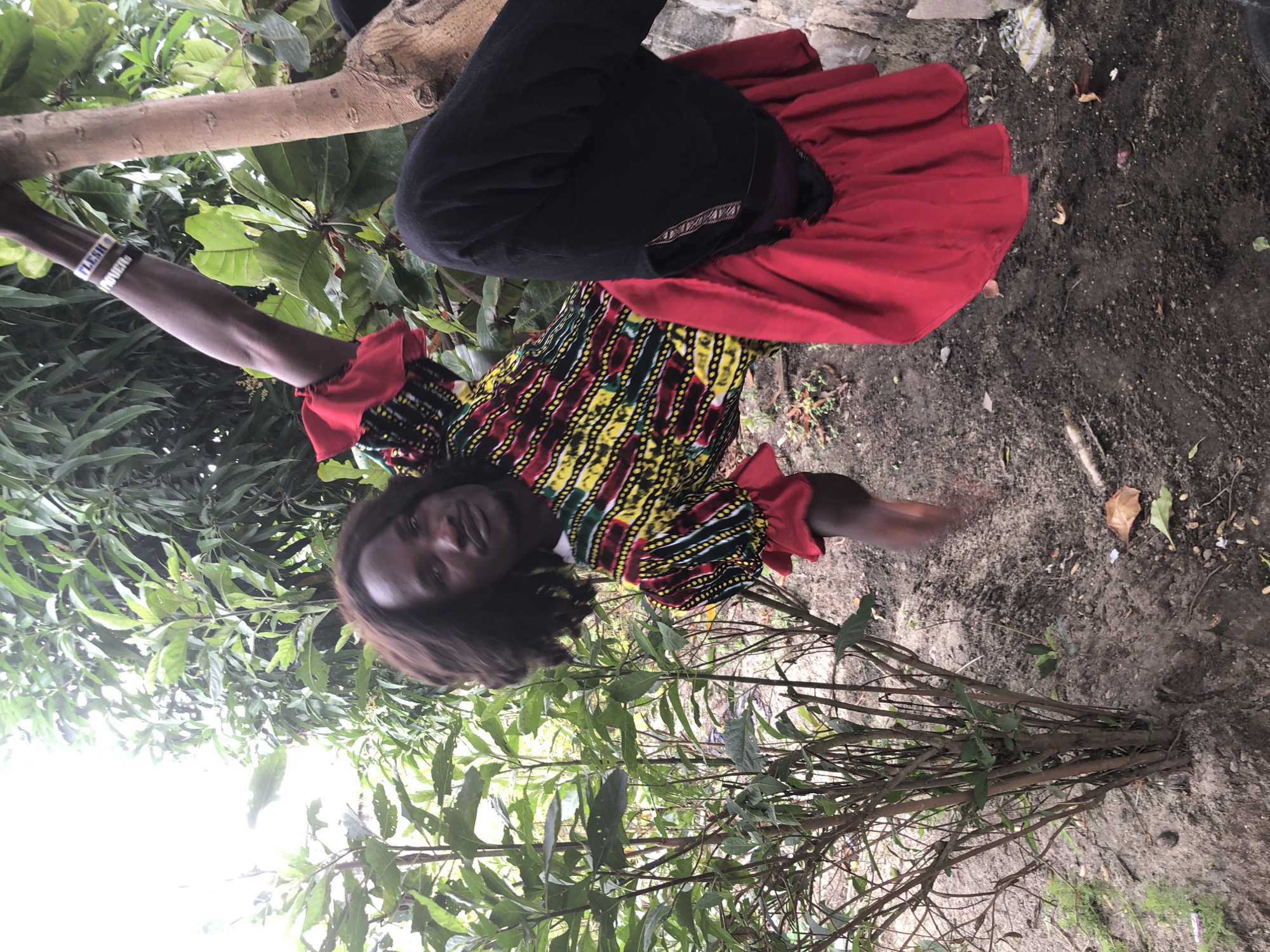 A person with long, dark hair, wearing a colorful patterned top with red ruffled sleeves and black pants, is perched on a tree branch in Ado, Nigeria. The individual is holding onto the branch with their right arm, which is adorned with two bracelets. The person is looking towards the camera with a neutral expression. The background consists of lush green foliage and a dirt ground. The scene appears to be outdoors, possibly in a garden or a natural area within the city.