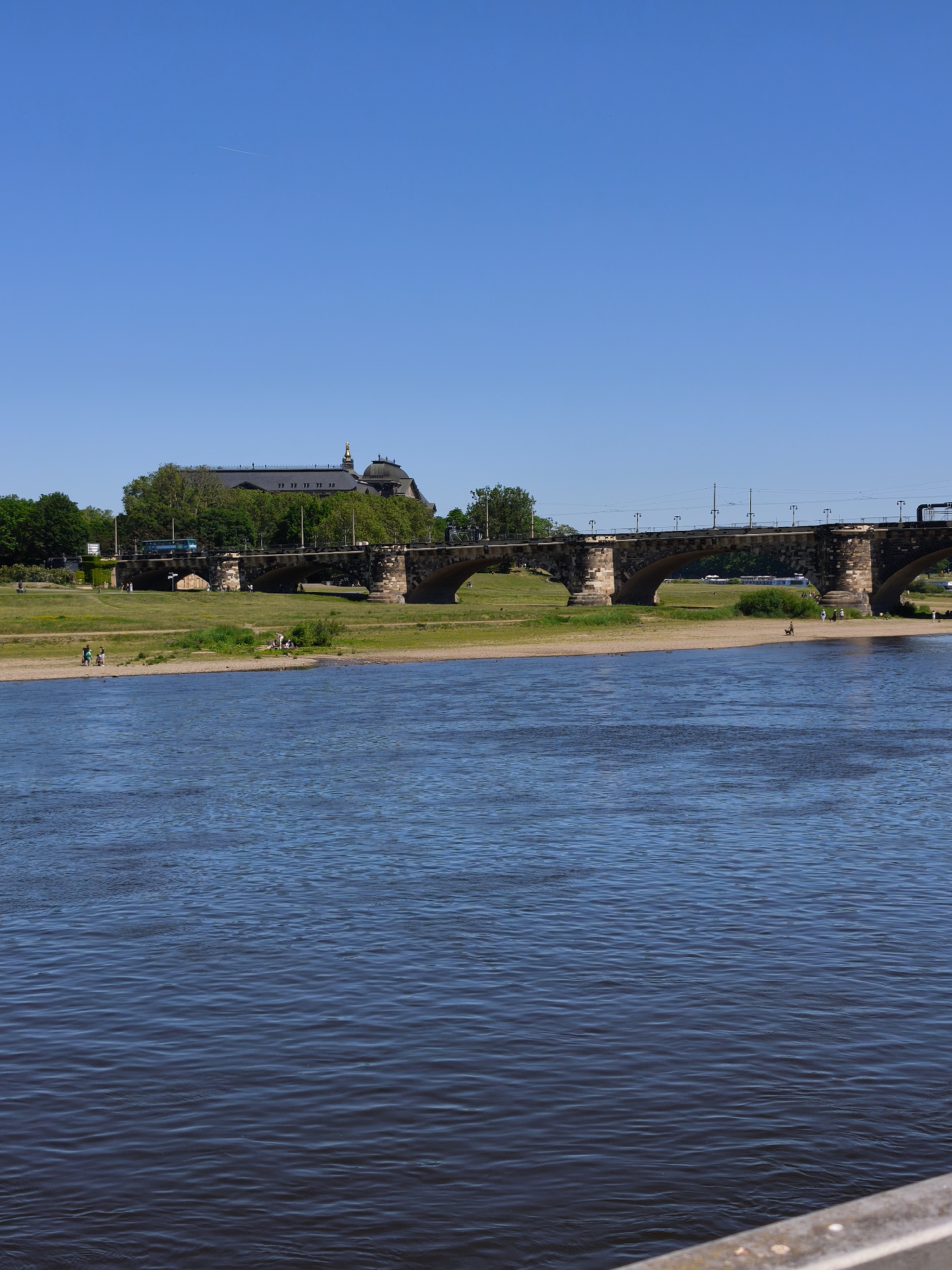 The image depicts a view of the Augustus Bridge in Dresden, Germany, spanning the Elbe River. The bridge is constructed of stone arches and carries a streetcar and pedestrian traffic. On the left bank of the river, there is a grassy area with trees and the Saxon State Chancellery building visible in the background. The Elbe River is in the foreground, with a light sandy bank visible on the near side. A few people are walking along the bank and near the water. The sky is clear and blue.