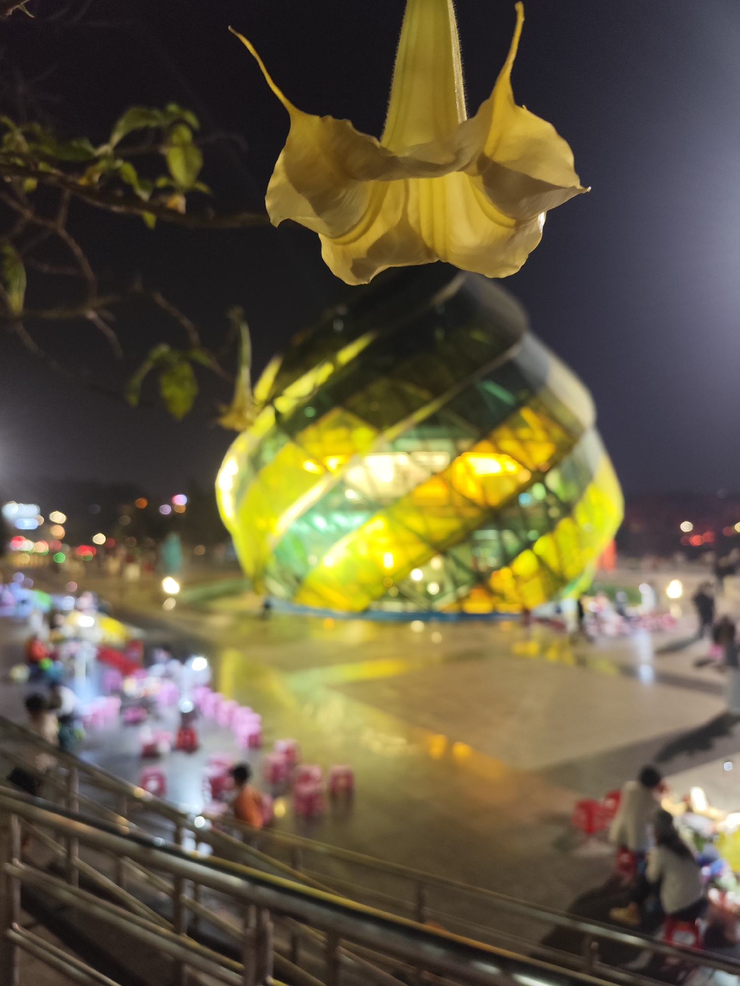 The image is an outdoor shot at night in Da Lat, Vietnam, featuring the glass-domed art building at Lam Vien Square. In the foreground, a pale yellow flower hangs from a branch, partially obscuring the view of the square. The structure behind the flower is brightly illuminated with yellow and green lights.
The square itself is populated with blurred figures of people, and there are numerous small, low red stools scattered around. A metallic railing is visible in the lower left corner, suggesting the viewpoint is from an elevated position. The overall ambiance of the scene is vibrant and active, with a blend of natural and architectural elements under the night sky.
