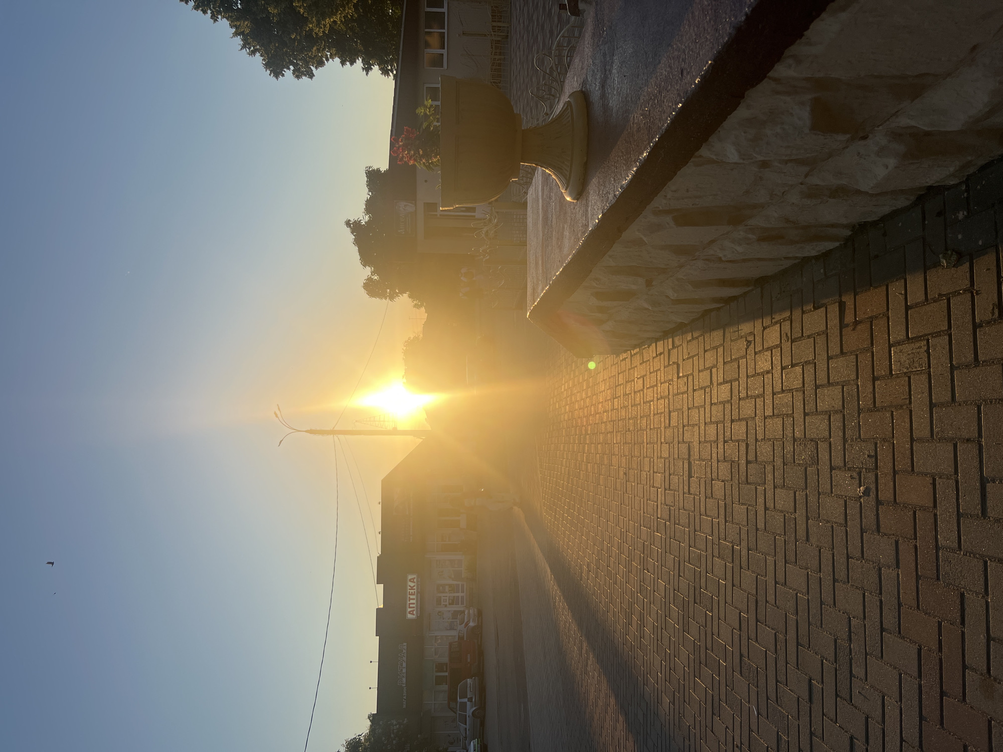 In the city of Dubăsari town council, Moldova, a sunset casts long shadows across a paved sidewalk. The sun, a brilliant white orb, is positioned in the upper center of the frame, its rays beaming downwards and to the left, creating a lens flare effect. Buildings line the street, some with awnings and visible signs, including one that reads "АПТЕКА" (APTEKA, meaning pharmacy). A street lamp stands near the center, illuminated by the setting sun. Cars are parked in front of the buildings. In the foreground, to the right, is a stone planter with a decorative base, holding a small plant with red flowers. The sidewalk is made of interlocking bricks laid in a herringbone pattern. Two birds are visible in the sky. The overall scene depicts a street in a town during sunset.