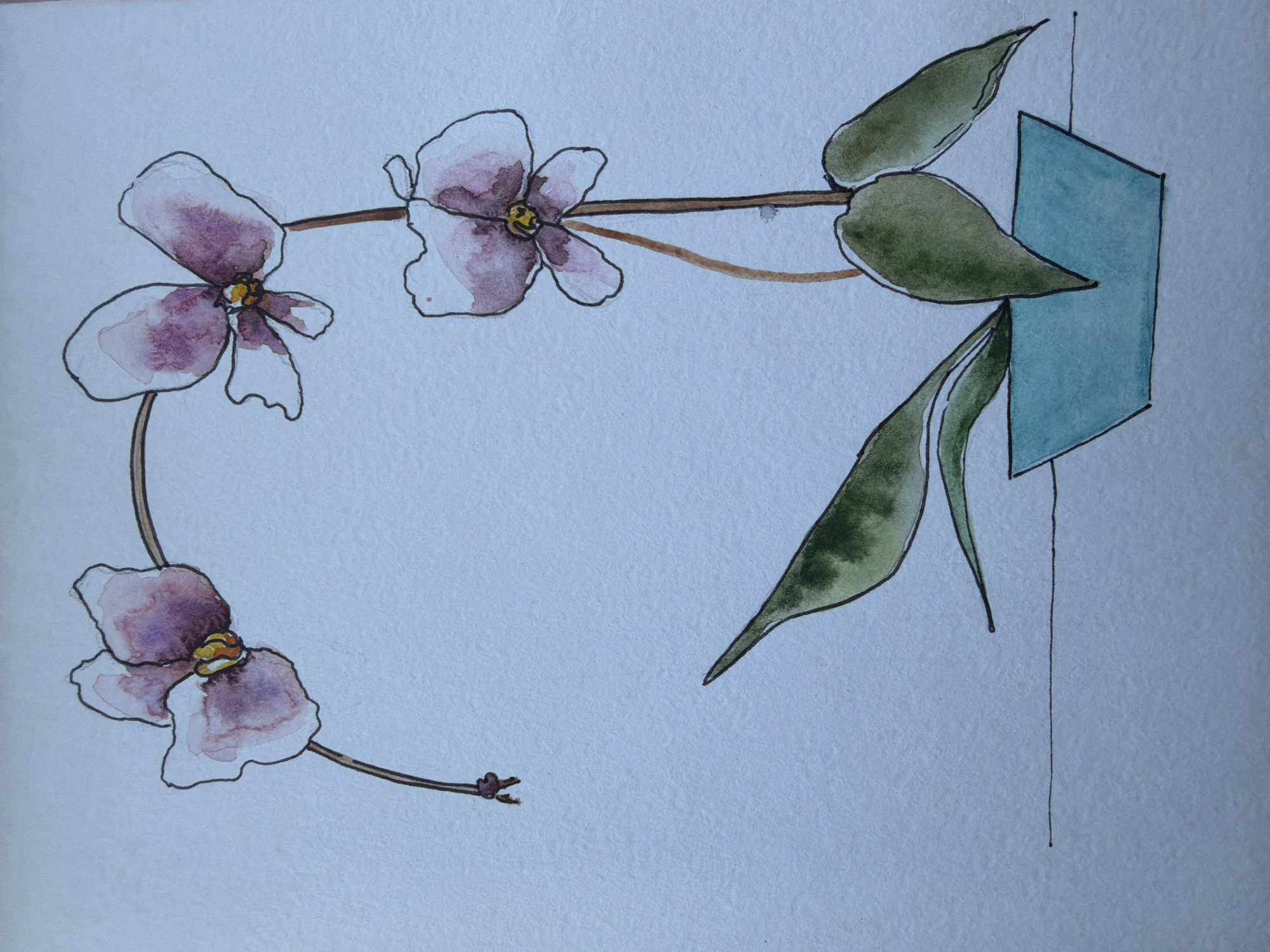 The image is a watercolor painting of an orchid plant in a turquoise pot. The orchid has three pink and purple flowers with yellow centers. Two green leaves are visible. The plant is depicted on a light blue background with a thin black line representing a surface beneath it. There are no people or animals present, and the setting does not suggest any specific location in Ufa, Russia.
