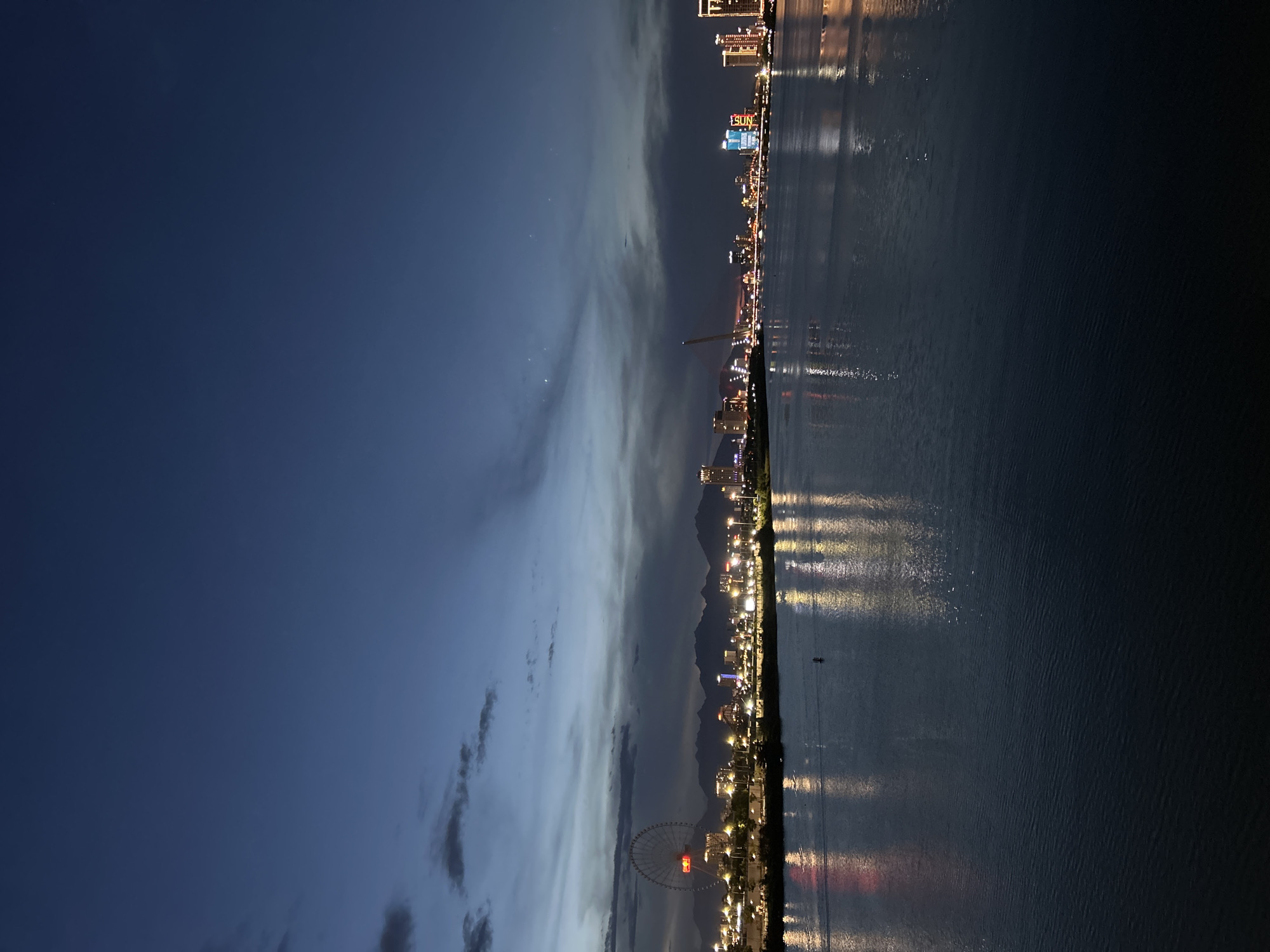 This is a nighttime photograph of the Đà Nẵng skyline, taken from across the Han River. The city lights are reflected on the water's surface, creating a vibrant spectacle. The sky is a deep blue, transitioning to a lighter shade near the horizon, with some wispy clouds. Mountains are visible in the distance, silhouetted against the twilight sky.
The main subjects are the illuminated buildings of the city, including high-rise apartments and hotels, which form a continuous line along the riverbank. A Ferris wheel, adorned with red lights, stands out prominently in the foreground on the left side of the image. The river itself is a dark expanse, broken by the shimmering reflections of the city lights and the occasional small boat.
The scene captures the lively atmosphere of Đà Nẵng at night. The time of day is clearly evening or night, indicated by the darkness of the sky and the prevalence of artificial lighting. The weather appears calm, with minimal wind disturbing the water's surface.
Visible text includes the word "SUN" displayed in bright blue letters on one of the buildings. The overall mood conveyed is one of urban energy and beauty, with the interplay of light and water creating a captivating visual.