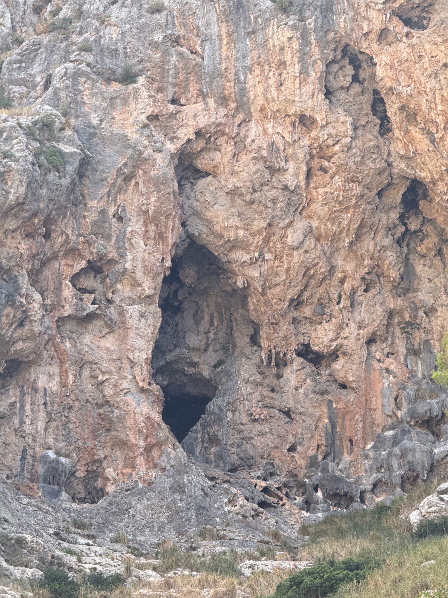 This image depicts a close-up view of a large, rocky cliff face with a prominent cave opening. The rock formation is textured, with variations in color ranging from light gray and tan to reddish-brown, indicating mineral deposits and weathering. Numerous smaller holes and indentations are visible across the cliff surface, suggesting erosion and possibly the presence of smaller crevices or overhangs. The cave entrance is a dark, irregular opening near the center of the image, appearing deep and cavernous. The foreground shows a slope covered in dry grasses and some scrubby vegetation, with larger rocks scattered at the base of the cliff. The overall impression is of a rugged, natural landscape. This rock formation is located in the municipality of Escorca, Spain.
