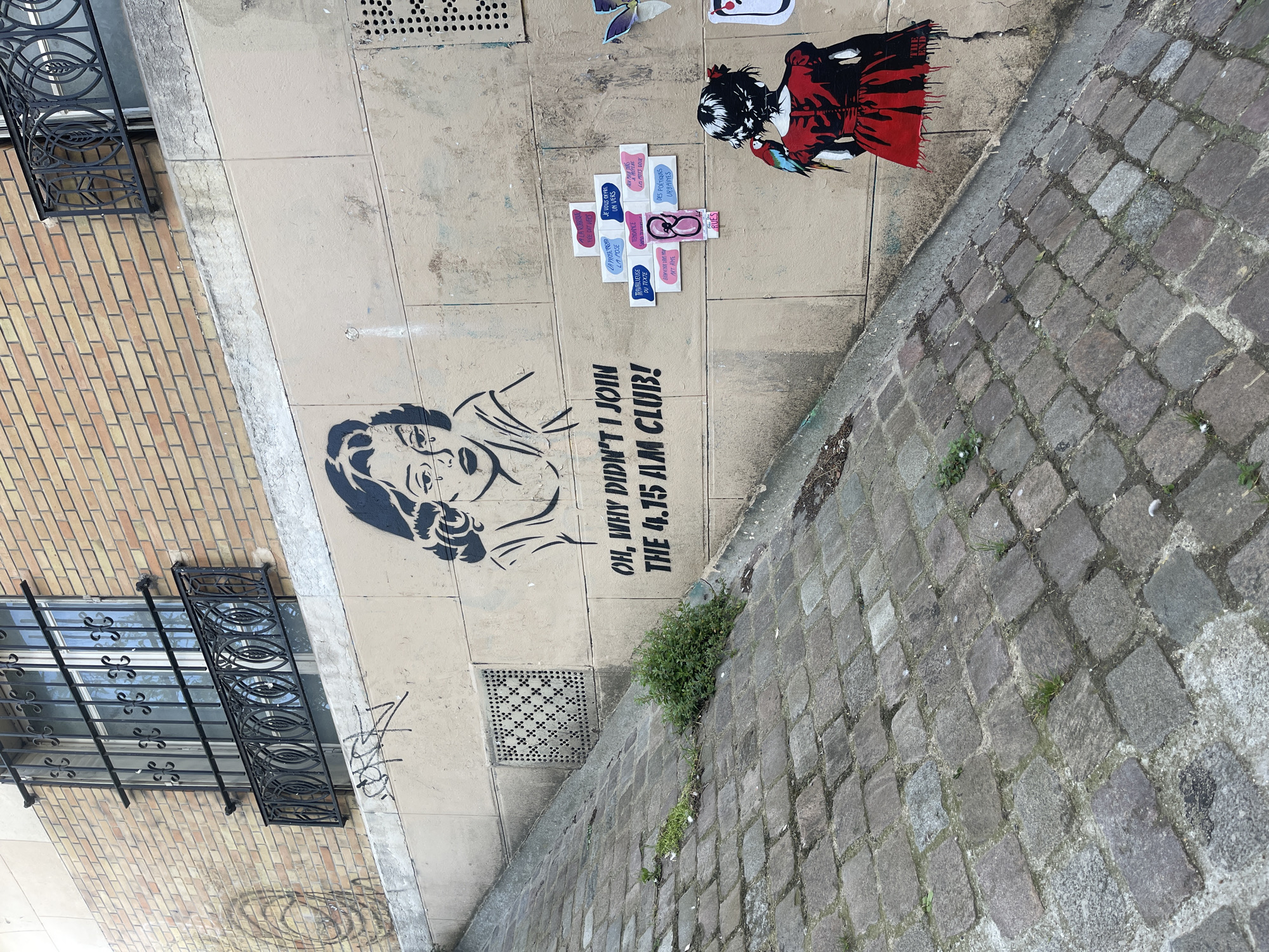 This media file captures a vibrant street art display on a building wall in Paris, France, adjacent to a cobblestone street. The scene appears to be set during daytime under natural light.
The prominent feature is the graffiti art on a light beige concrete wall. On the left, a large black stencil depicts a woman's face, with a thoughtful or somewhat mournful expression. Below this, bold black text reads: "OH, WHY DIDN'T I JOIN THE 4.15 AM CLUB!". Further to the right, another stencil portrays a figure, likely a woman, in a striking red dress with black hair, accompanied by a small parrot. The red paint of the dress has a distinctive dripping effect. Below this figure, a collection of small rectangular stickers, primarily in pink and blue hues, are arranged in a cross-like pattern. These stickers contain various French phrases, including: "LA PROSE PREND LA POSE" (Prose poses), "TRAVAILLEUSE DU TEXTE" (Text worker), "JE VOUS OFFRE UN VERS" (I offer you a verse), "LES MOTS DOUX" (Sweet words), "DES POÉTIQUES URBAINES" (Urban poetics), "TENDANCE" (Trend), "BIENVENUE DRIS MO" (Welcome Dris Mo), "ART AIME" (Art loves/Loved art), and "RUES" (Streets). One sticker features an abstract symbol, possibly an infinity sign or stylized glasses.
To the left of the concrete wall, a light-colored brick building is visible, featuring a window secured by an ornate black wrought-iron grate with decorative patterns. A metal grate with a symmetrical design is also embedded in the concrete wall below the main stencil. The right side of the image reveals a classic European cobblestone street or sidewalk, with a curb from which a small patch of green vegetation grows. The overall impression is one of urban artistic expression in a historic setting.
