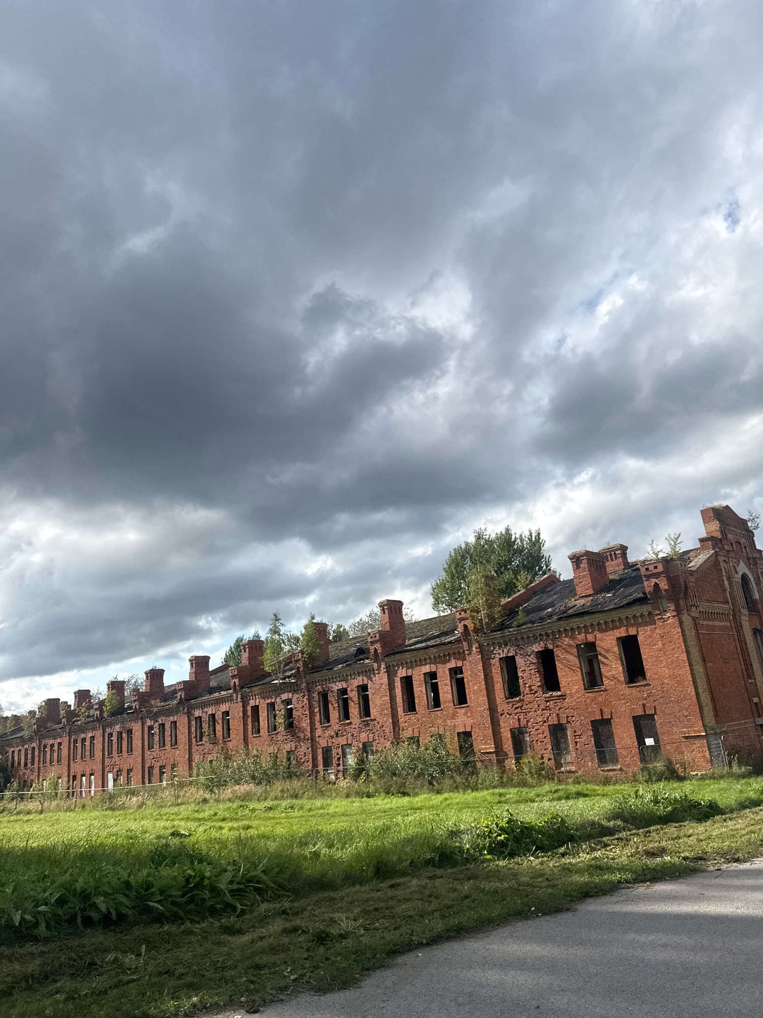 The image shows a long, red brick building with a damaged roof, indicating it is abandoned. The building is lined with numerous windows, most of which are dark and empty, suggesting they are broken or boarded up. Several trees are growing out of the roof and from within the building's facade, further emphasizing its state of disrepair. The building is situated next to a field of green grass and vegetation. The sky above is filled with dark, dramatic clouds. The building appears to be a historic structure, possibly barracks or an industrial building, consistent with the Kalaranna area in Tallinn, Estonia, which is known for its industrial past and developing waterfront. There are no people visible in the image. The scene is static and depicts an outdoor environment.