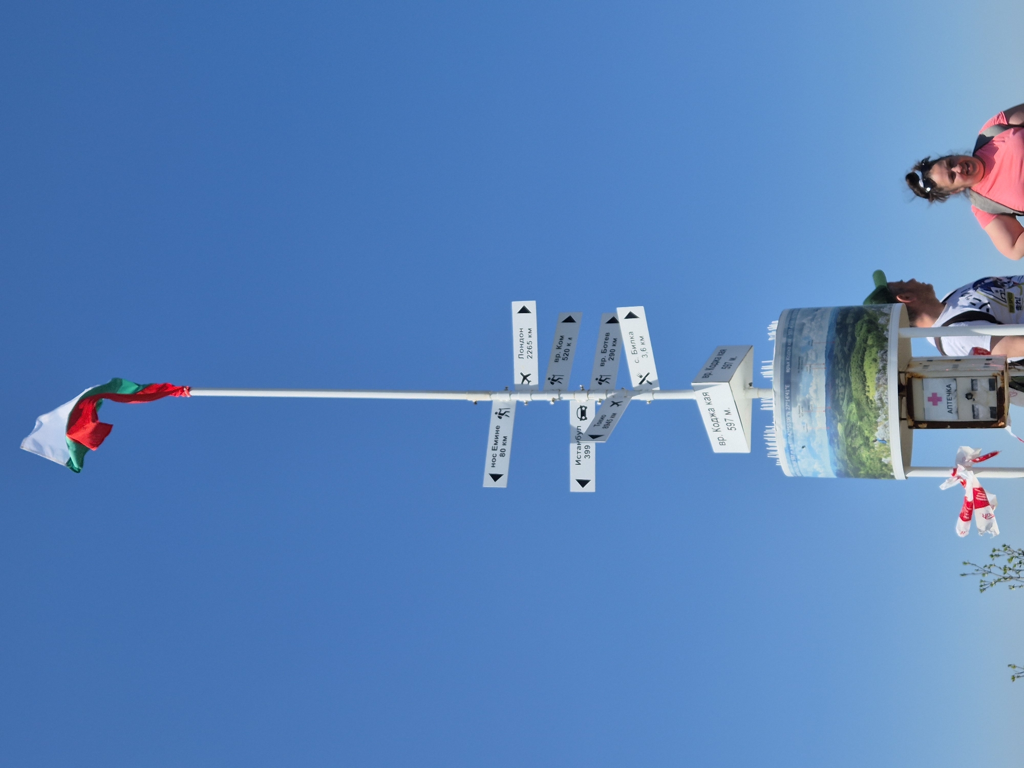 The image shows a complex direction signpost mounted on a white pole, set against a bright blue sky. A Bulgarian flag is attached to the pole. The direction signpost includes directional signs for various locations with distances: "нос Емине 80 км," "Истанбул 399," "Лондон 2265 км," "вр. Ком 520 км," "Токио 8945 км," "вр. Ботев 290 км," and "с. Билка 3,6 км." It also displays symbols for hiking and automobiles.
The signpost also has a cylindrical component with a landscape image and the text "вр. Коджа кая 597 м." The location is specified as coordinates: "42°55′08″N 27°14′41″E." An attached first aid kit box is labeled "АПТЕЧКА."
Two individuals are partially visible in the image, appearing to be observing the signpost. There are martenitsa trinkets attached to the structure.