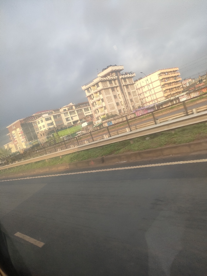 The image displays an urban landscape in Theta ward, Kenya, under a uniformly overcast sky. In the foreground, a dark asphalt road surface extends, marked by a faded white dashed line on its left side. This road is bordered by a low brown concrete curb, beyond which lies a narrow strip of green grass. A grey metal guardrail runs horizontally across the midground, positioned above the grassy strip. Further back, a dark metal fence or barrier precedes a series of multi-story buildings. The background features several light-colored structures, including a prominent multi-balconied building with a distinct roofline and multiple visible floors, flanked by other multi-story residential or commercial properties. To the far left, a larger building complex, possibly a shopping center, is partially visible, with a sign that appears to include "Garden City." No individuals, vehicles, or active interactions are discernible within the frame.