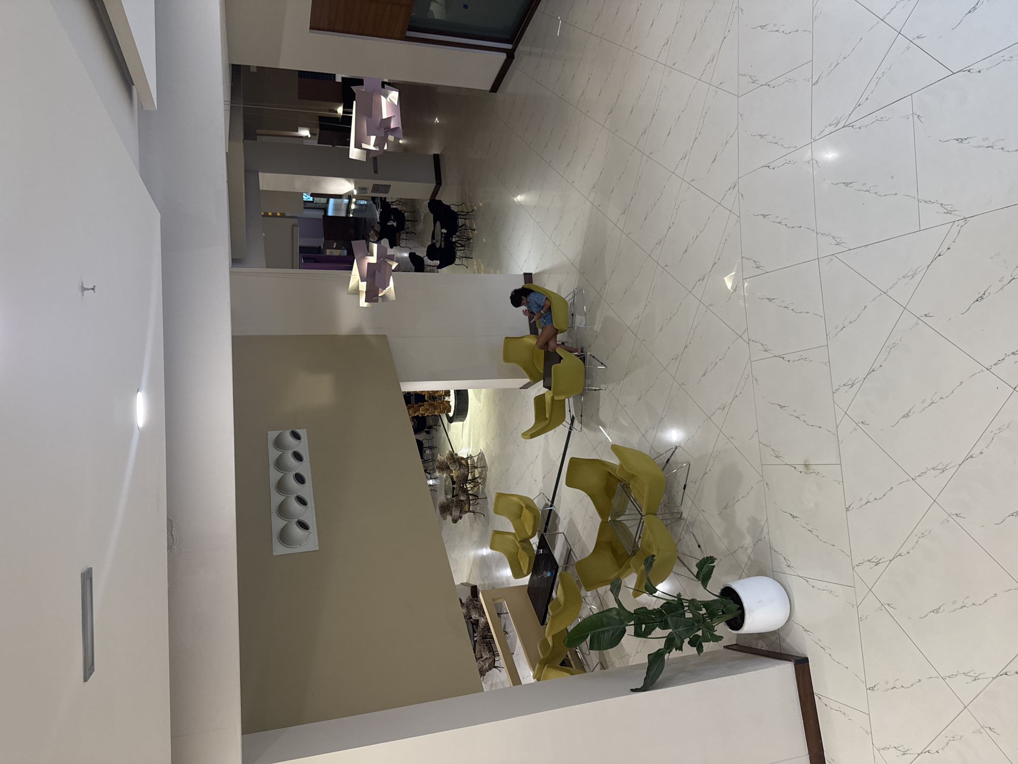 This is an aerial shot of a hotel lobby in Aksu, Turkey. The lobby features a large, open space with white marble floors, a tall ceiling, and modern decor. In the foreground, a woman sits alone in a lime green armchair, looking at her phone. Surrounding her are several other lime green armchairs and a few small tables, creating a seating area. Further into the lobby, there are more seating arrangements with chairs and tables, some with leopard-print upholstery. A large potted plant with broad green leaves stands near the foreground seating area. In the background, the lobby extends into a larger space with additional seating and what appears to be a reception area or another section of the hotel. The lighting is bright and even, suggesting ambient artificial lighting or natural light filtering in from unseen sources.