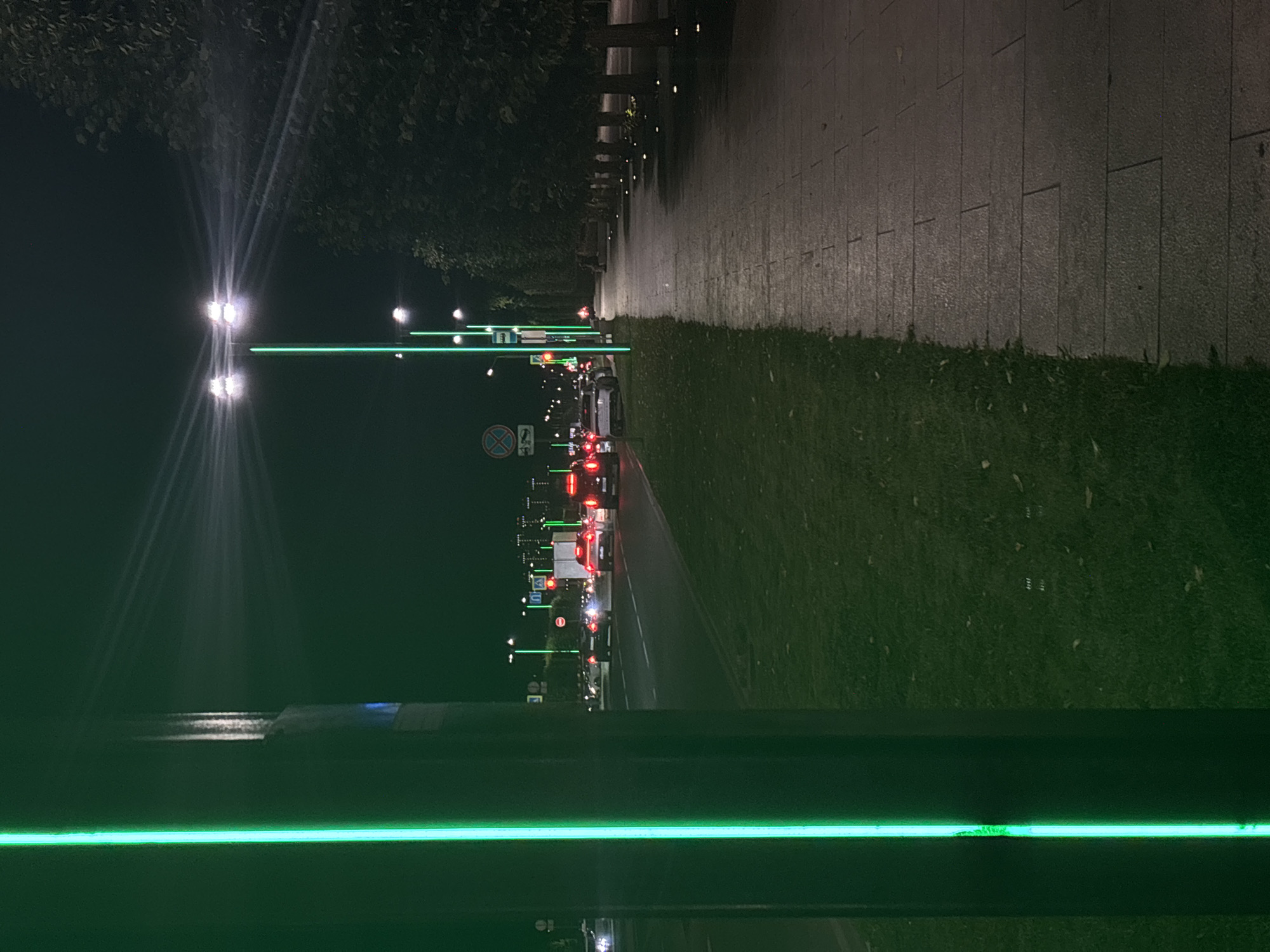 This is a nighttime, eye-level, vertical photograph of a street scene in Krasnodar, Russia. The perspective is slightly tilted, giving a dynamic feel to the image.
The main subjects are the street, lined with trees on the left and a paved walkway on the right. Cars are visible on the road, some with their brake lights illuminated, suggesting a traffic queue or congestion. Streetlights are also present, casting bright beams that create lens flares. A prominent horizontal green light runs across the bottom of the frame, possibly from decorative lighting or a fixture.
The scene appears to be an urban or suburban area, with a blend of natural elements (trees, grass) and man-made structures (road, pavement, streetlights, traffic signs). The time of day is clearly night, indicated by the darkness and artificial lighting. No specific weather conditions are discernible, although the pavement has a slightly wet sheen, suggesting recent rain or dampness.
Notable details include the clear presence of traffic, the distinctive green light line, and the overall ambiance of a city at night. The mood is somewhat serene yet active due to the visible traffic. There are no people clearly visible as distinct subjects.
Visible text includes traffic signs. One sign, partially obscured and rotated, appears to be a circular sign with a red border and a diagonal red bar, typical of a prohibition sign. Another sign, also rotated, appears to be a pedestrian crossing sign with a green background and a white silhouette of a person walking. There are also some vertical green signs with white symbols, likely related to traffic or pedestrian direction.