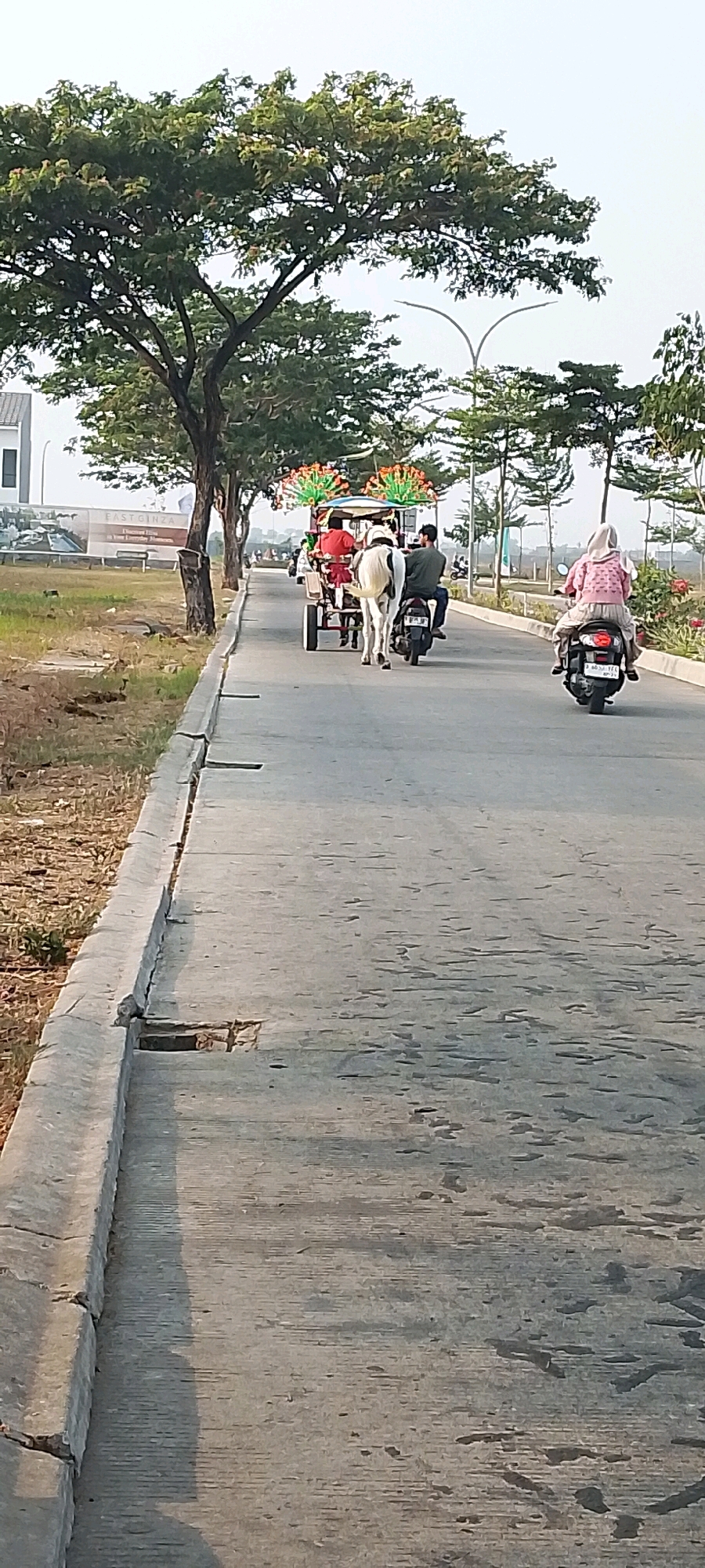 The image shows a horse-drawn carriage with colorful decorations on top moving along a paved road. A person in a red shirt is visible in the carriage. A white horse is pulling the carriage. A man on a motorcycle is following closely behind the carriage. Further ahead, another person on a motorcycle, wearing a headscarf and a pink patterned jacket, is also traveling on the road. The road is bordered by a concrete curb and a grassy area with some sparse vegetation. Trees line the left side of the road, and a billboard with the text "EAST GINZA" is visible in the background. The sky is overcast. The scene appears to be in a semi-urban or suburban area of Satriamekar, Indonesia, given the presence of trees, development (implied by the billboard), and the mode of transportation.