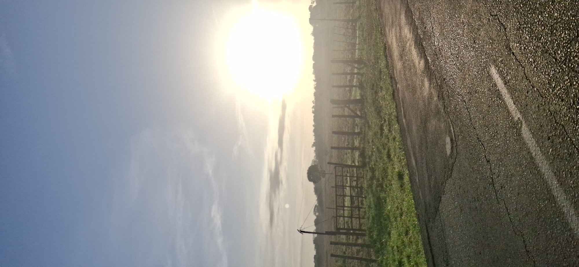 The image depicts a serene, rural landscape in Vallecito, Venezuela, captured during what appears to be early morning or sunrise. The primary subject is the intensely bright sun, positioned in the upper left part of the frame, which casts a brilliant, almost blinding white light and significant atmospheric haze across the scene. The sky, a clear light blue on the left, gradually fades into a hazy, bright white and yellow near the sun.
In the mid-ground, a vibrant green, grassy field stretches parallel to a road. The grass glistens, suggesting it is covered in dew or moisture from the morning. A rustic wooden post-and-wire fence clearly delineates the edge of this field. Within the fence line, a more elaborate wooden gate or utility structure is visible. Beyond the field and fence, a distant line of trees or dense vegetation is partially obscured by the morning mist.
On the right side of the image, a dark asphalt or paved road is visible. Like the grass, it appears damp or wet, reflecting the light. The road surface shows noticeable cracks and faint traces of a broken white line along its edge.
No specific activity or event is taking place; the scene is a static natural landscape. The overall mood conveyed is one of peacefulness and the tranquil beginning of a day, marked by the soft, warm light of the rising sun and the presence of atmospheric haze. There is no visible text in the image.