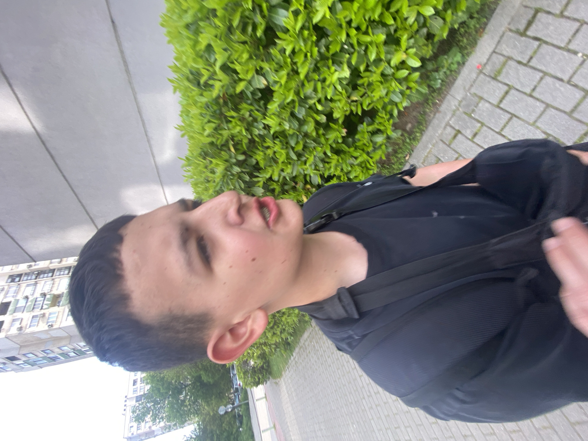 A medium-shot captures a person with a close-cropped haircut, fair skin, and visible facial hair. They are wearing a black shirt and a black backpack with straps across their chest. The person is looking slightly upwards and to the left.
The background suggests an urban environment. To the right, a brick-paved path stretches away. Lush green bushes line the pathway, while a grey concrete wall is visible to the left. A building with numerous windows is faintly visible in the distance.
While the image doesn't provide explicit clues about the exact location, the architecture, landscaping, and urban features suggest it is in a city. Without further detail, providing the location is difficult.